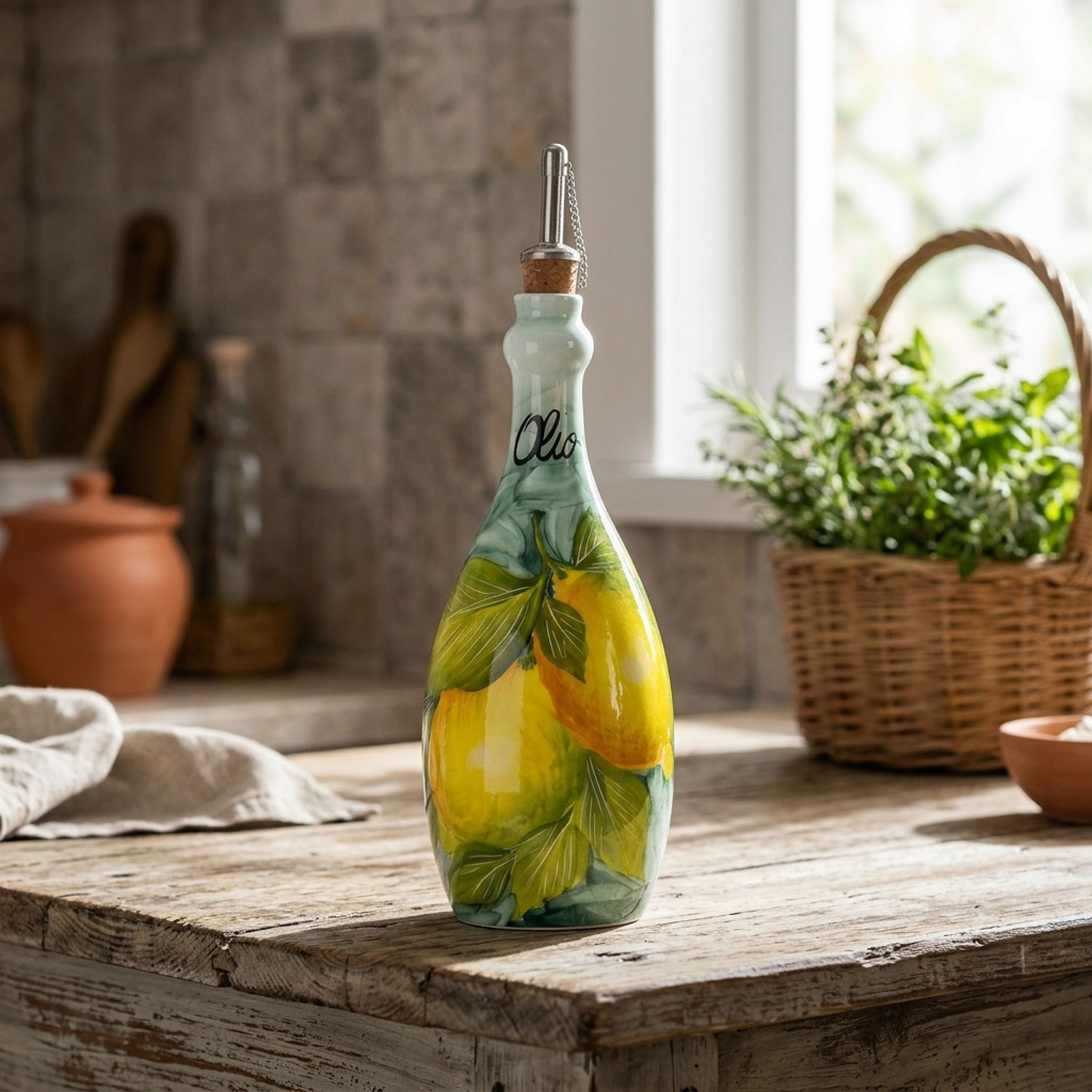 Bottiglia olio in ceramica decorata limoni 750 ml