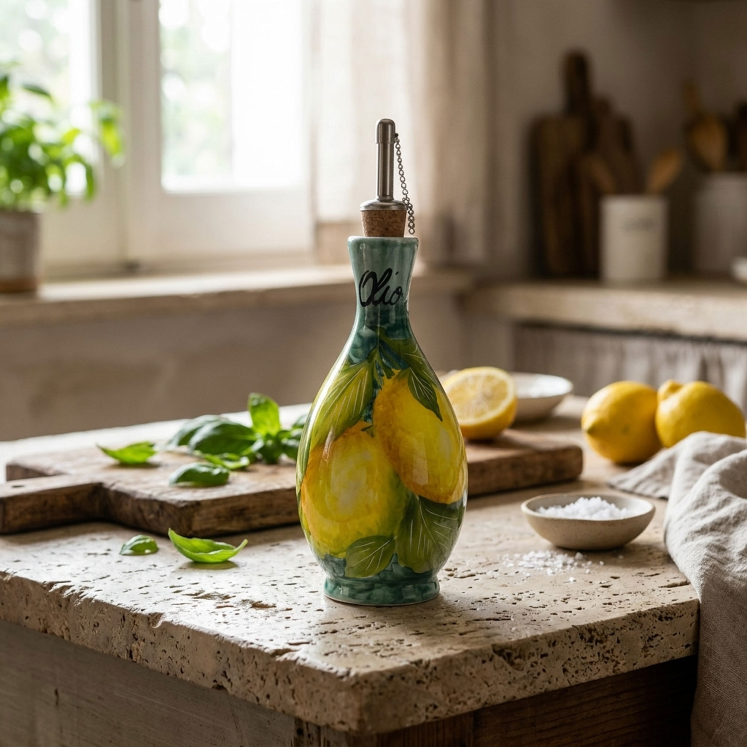 Bottiglia olio in ceramica decorata limoni 250 ml