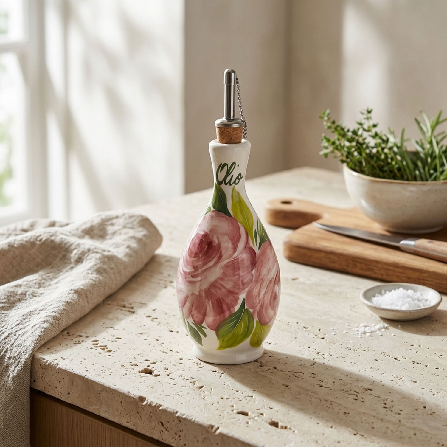 Bottiglia olio in ceramica decorata rose 250 ml