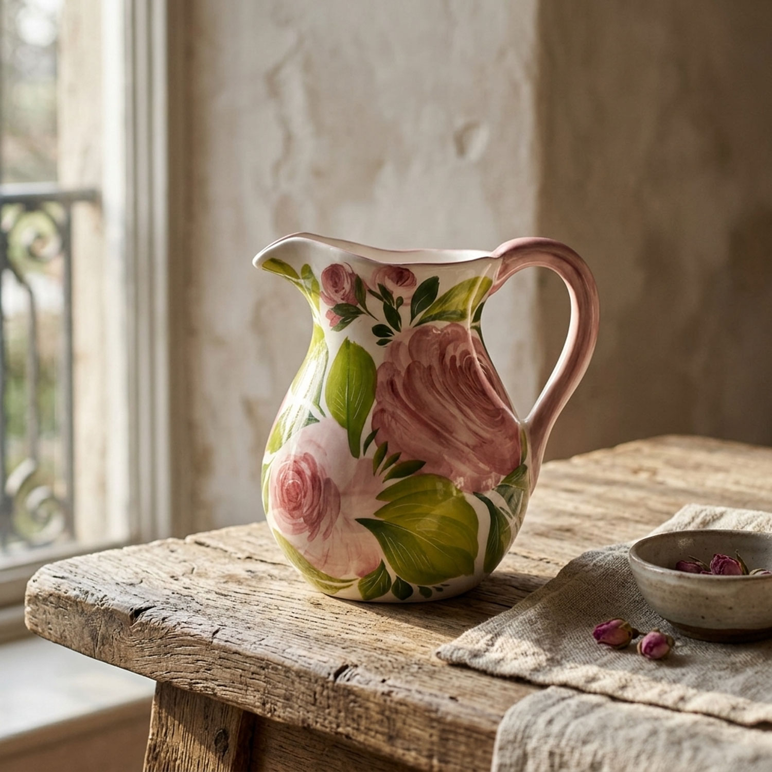 Brocca caraffa in ceramica decorata rose