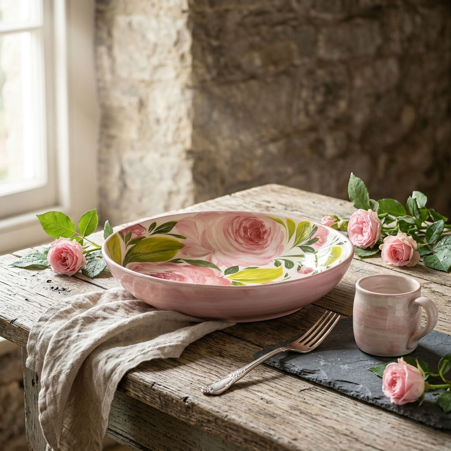 Piatto fondo in ceramica decorata rose