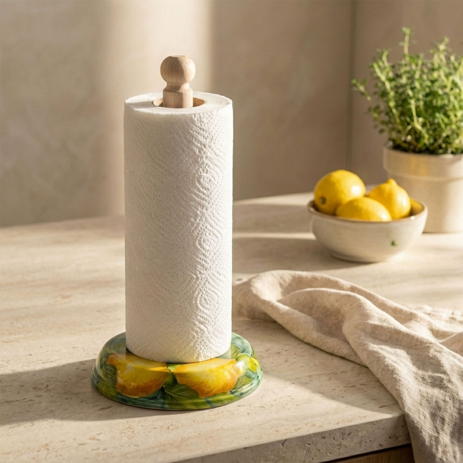 Portarotolo da cucina in ceramica decorata limoni