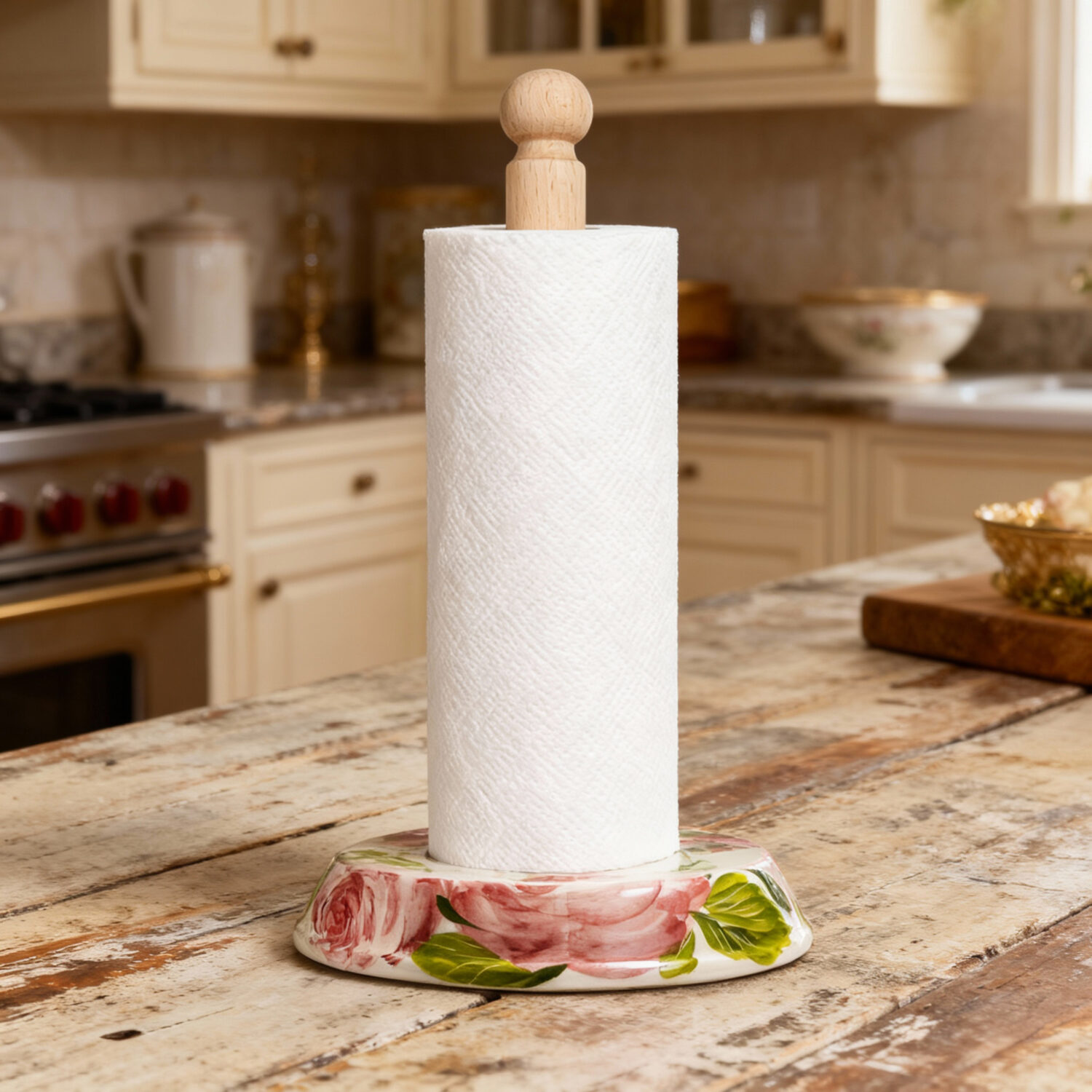 Portarotolo da cucina in ceramica decorata rose