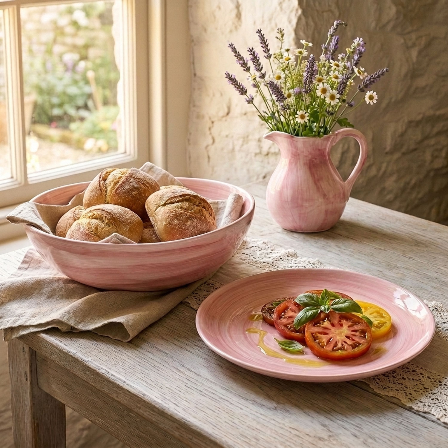 Piatto piano in ceramica decorata rosa