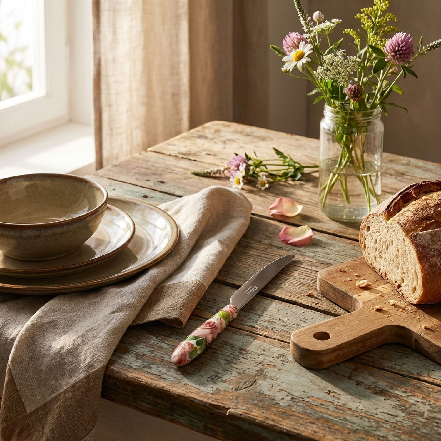 Coltello da tavola con manico decorato rose