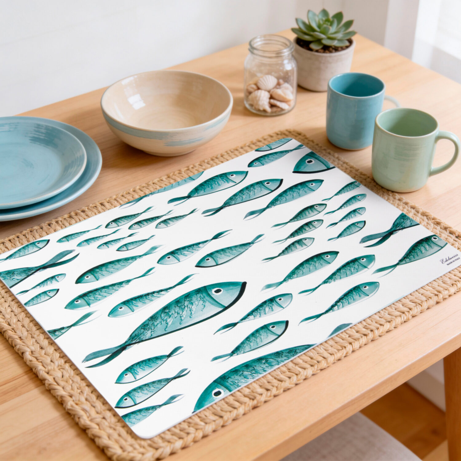 placemat with decorated fishes