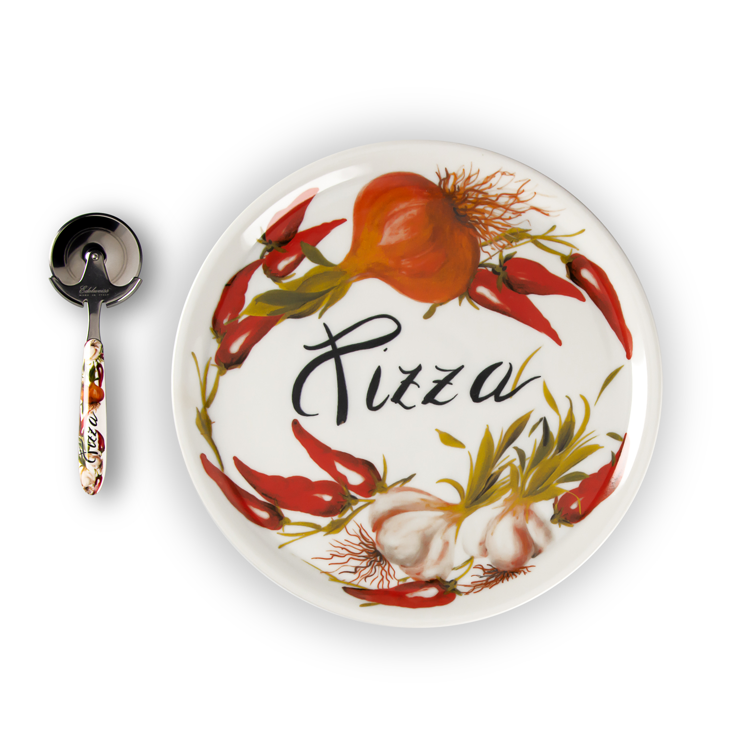 Garlic and chili pepper pizza plate set with pizza cutter