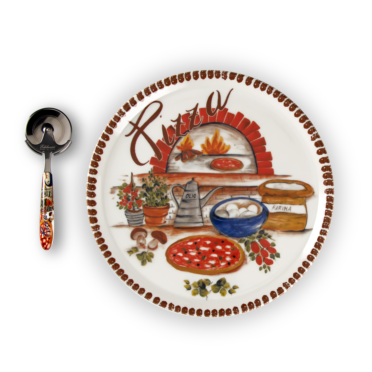 Brown border pizza plate set with pizza cutter