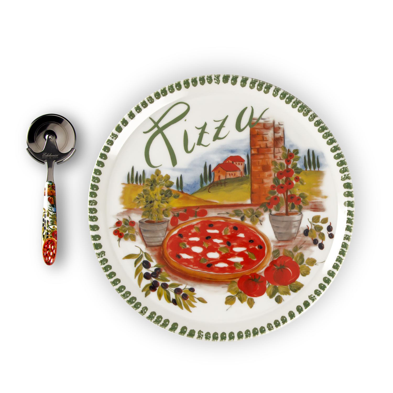 Set piatti pizza in porcellana decorata verde con rotella