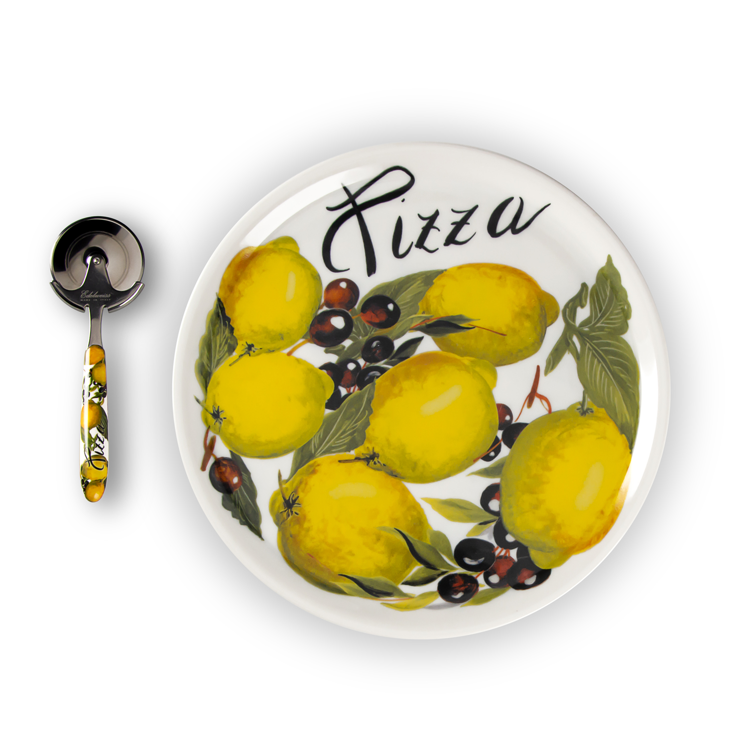 Lemon and olive pizza plate set with pizza cutter