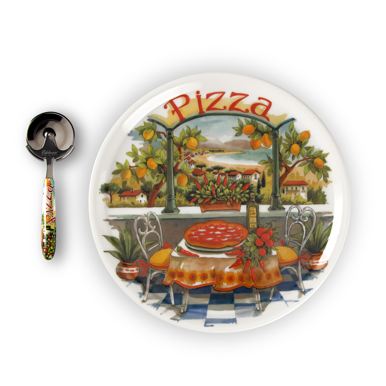 Lemon landscape pizza plate set with pizza cutter
