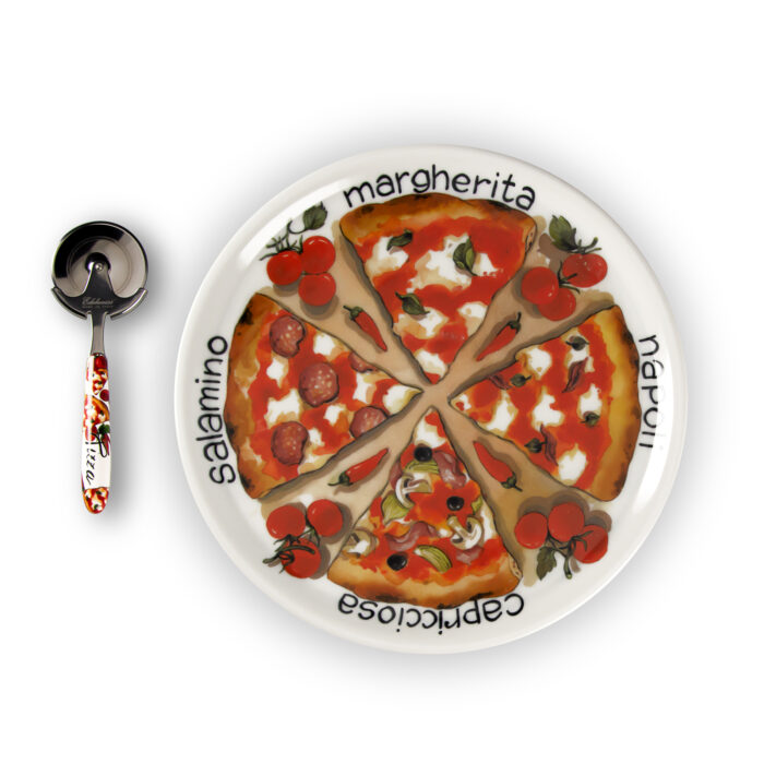 Slices pizza plate set with pizza cutter