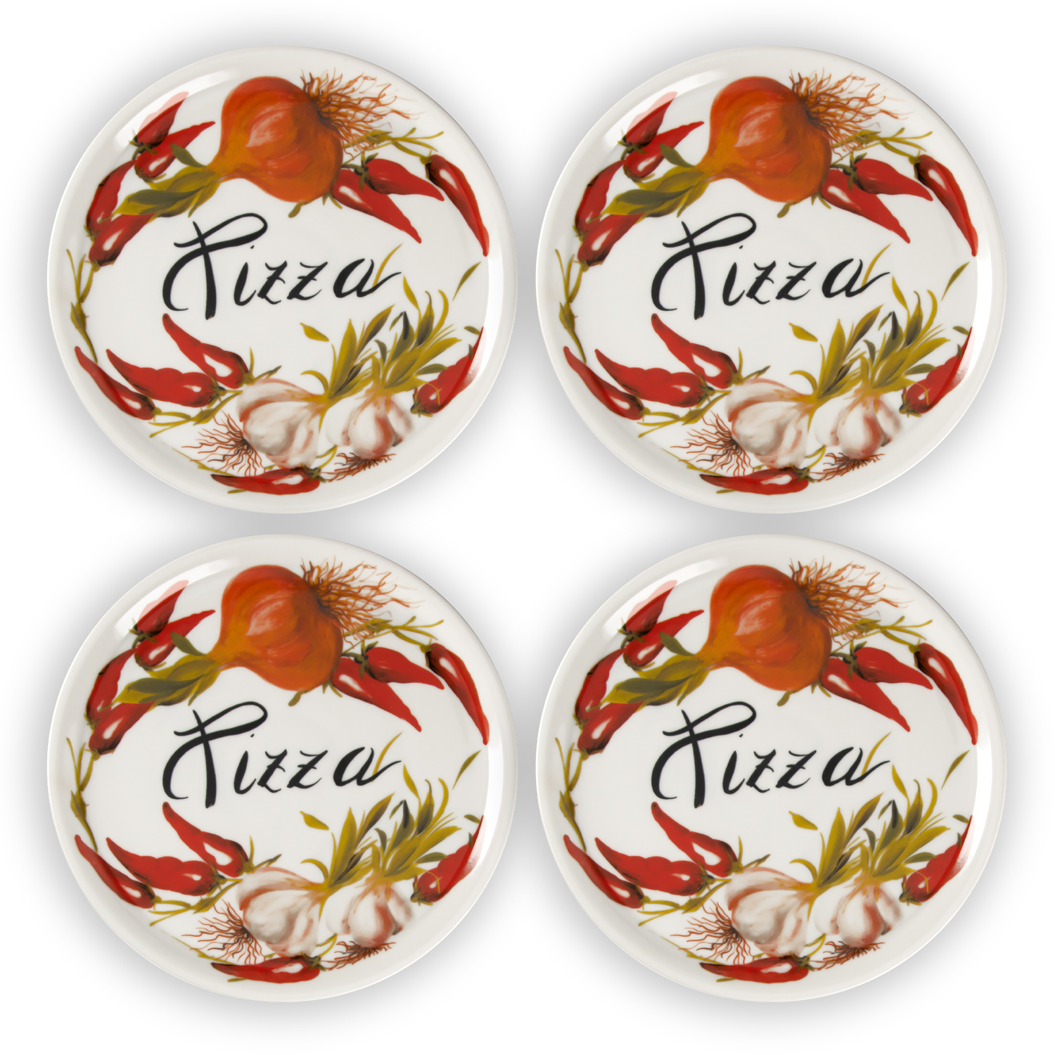 Set piatti pizza in porcellana decorata aglio peperoncino 