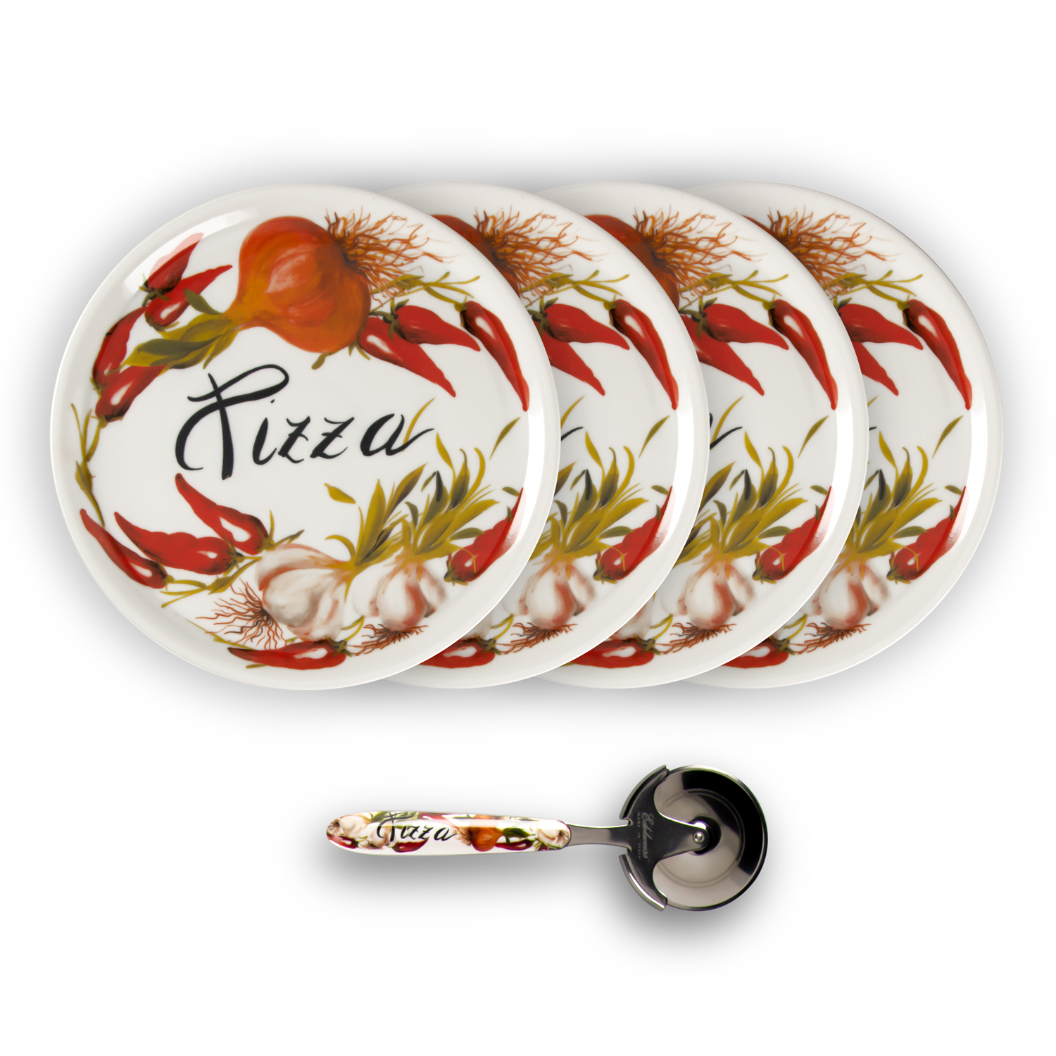 Garlic and chili pepper pizza plate set with pizza cutter