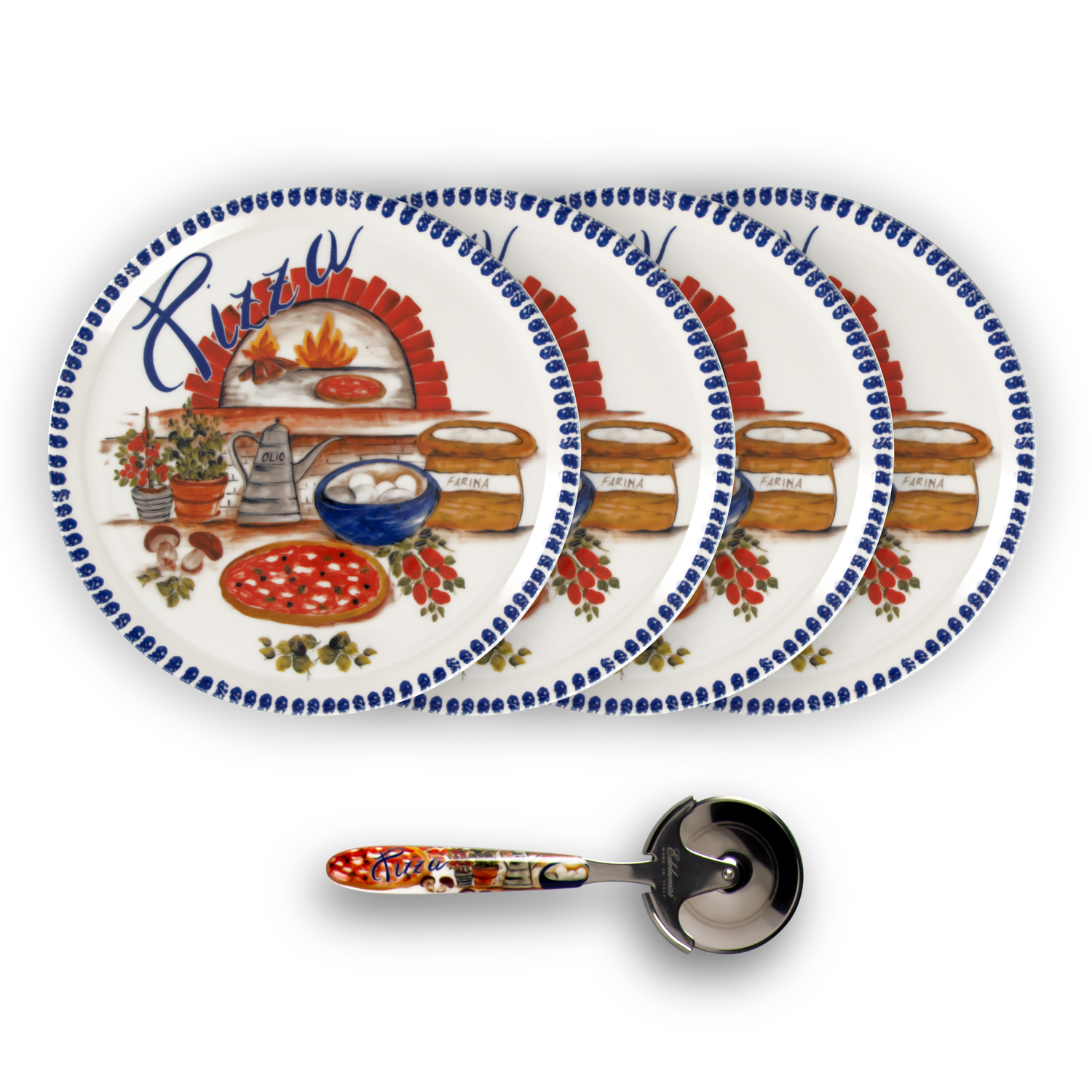 Pizza tellerset mit blau rand und schneidrad