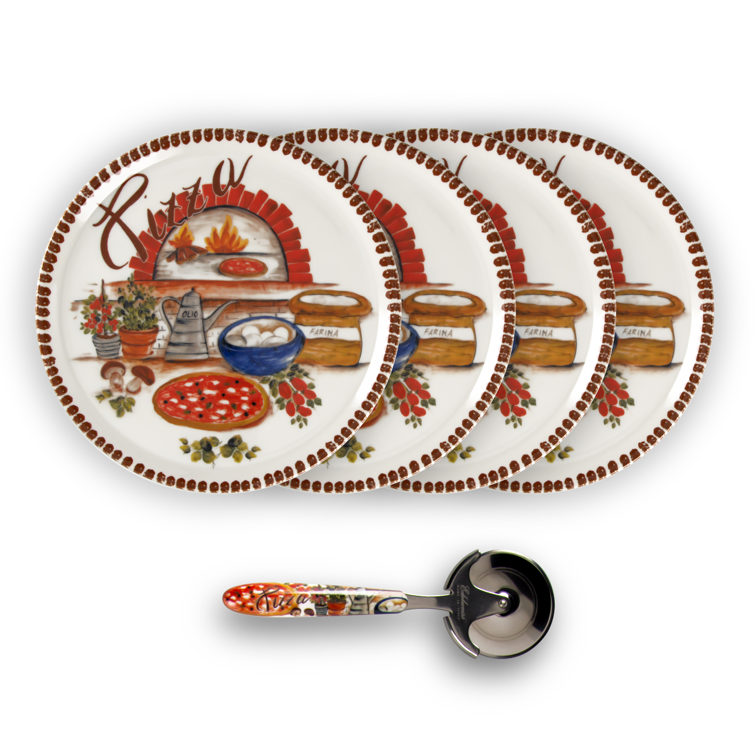 Brown border pizza plate set with pizza cutter