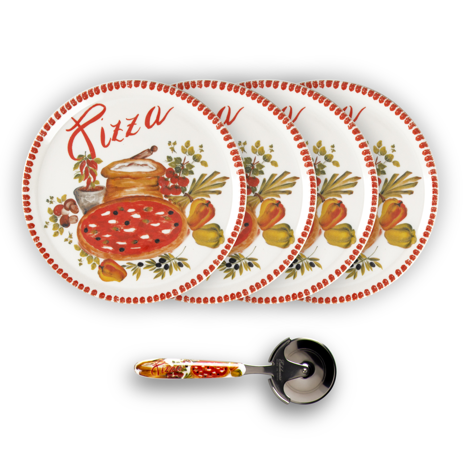Red border pizza plate set with pizza cutter