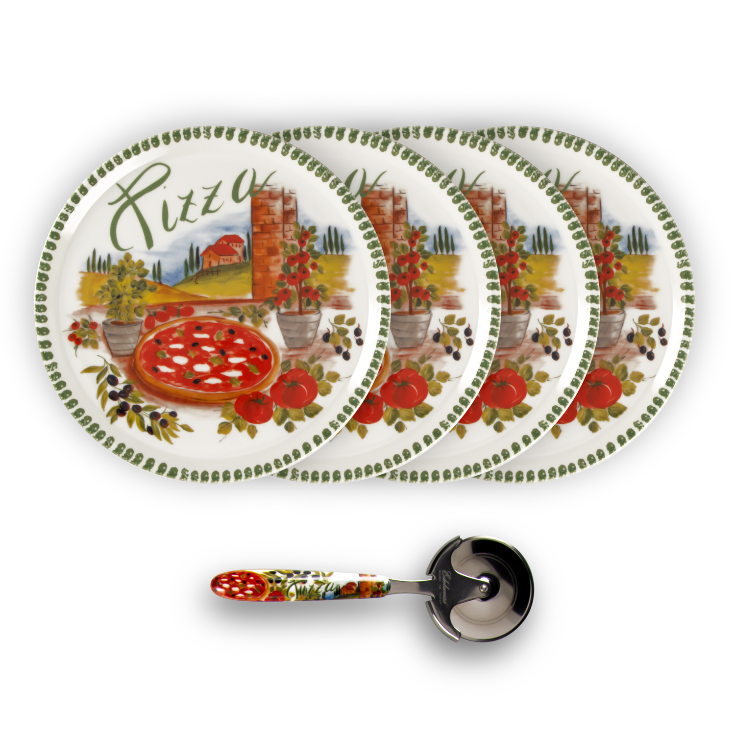 Set piatti pizza in porcellana decorata verde con rotella