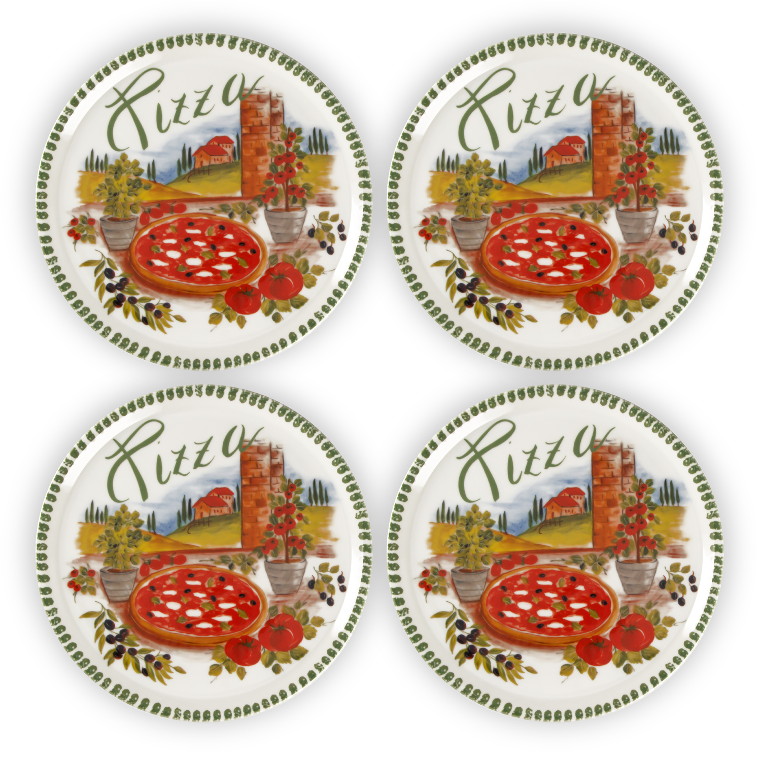 Set piatti pizza in porcellana decorata verde 