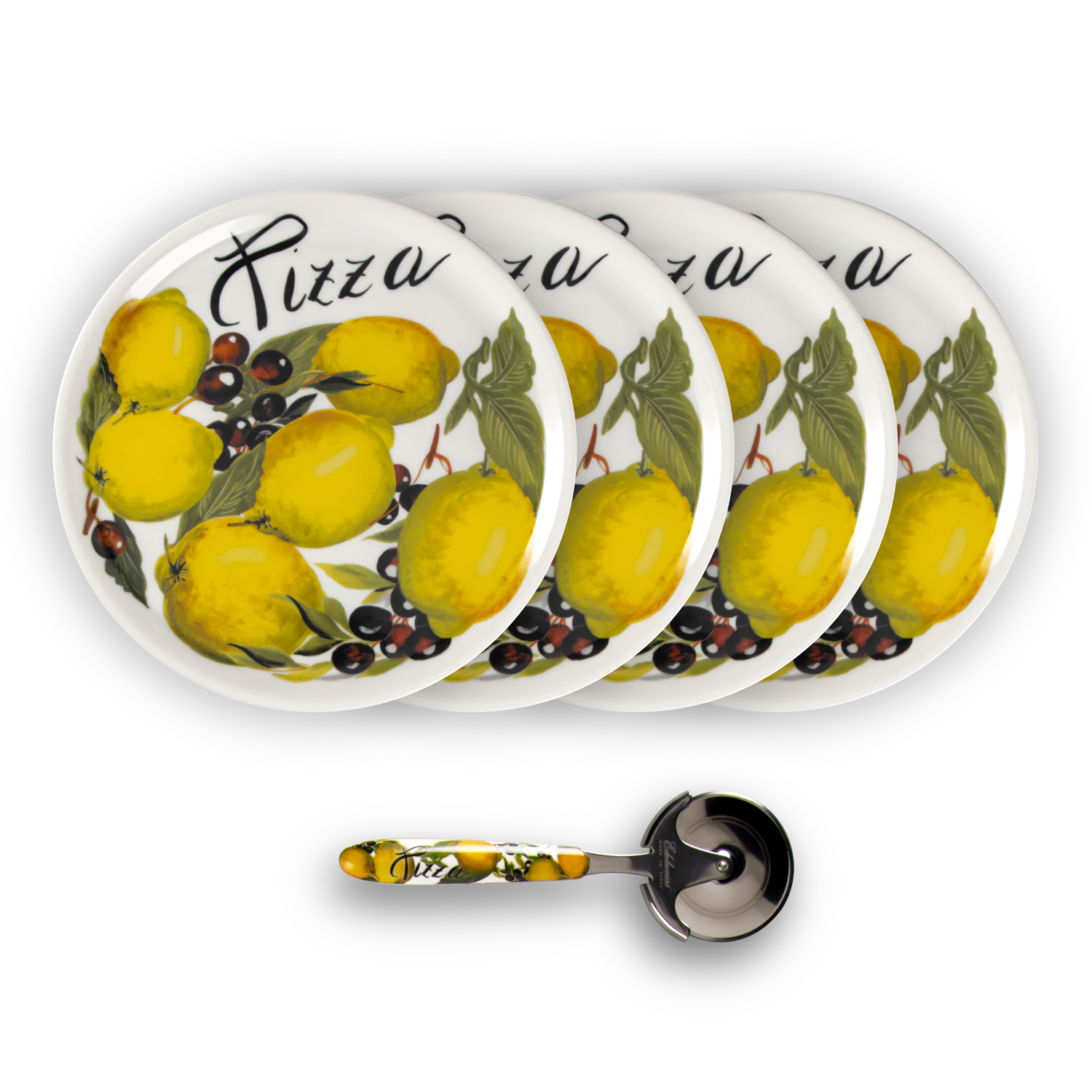 Lemon and olive pizza plate set with pizza cutter