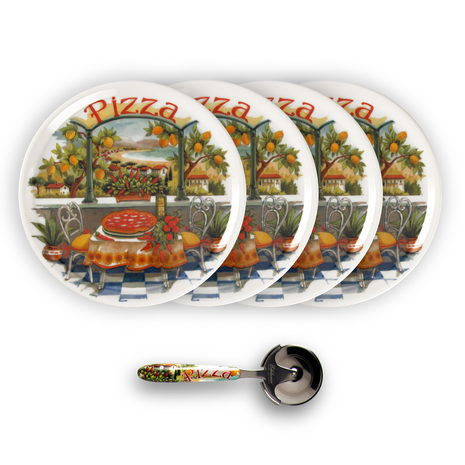 Lemon landscape pizza plate set with pizza cutter