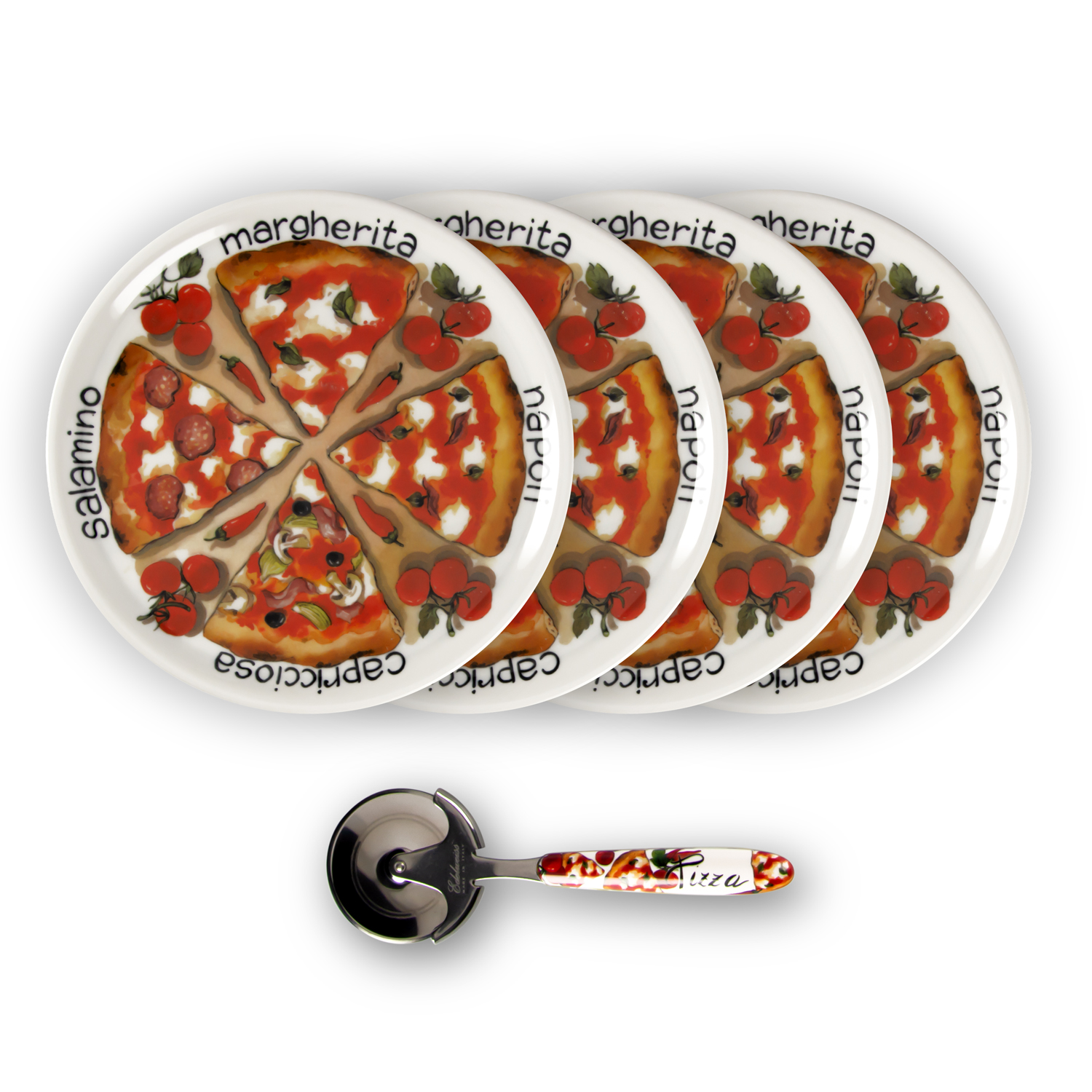 Slices pizza plate set with pizza cutter