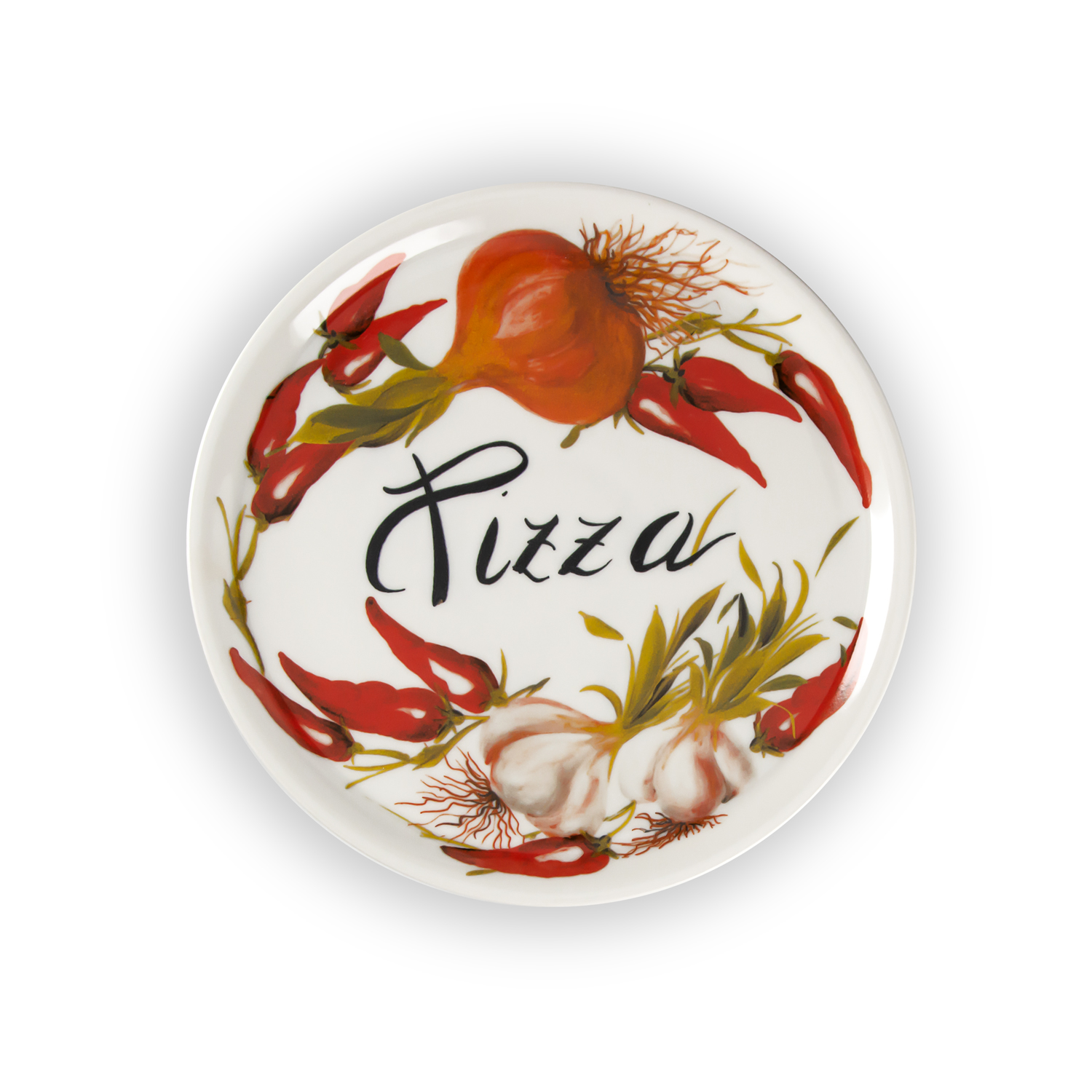 Set piatti pizza in porcellana decorata aglio peperoncino 