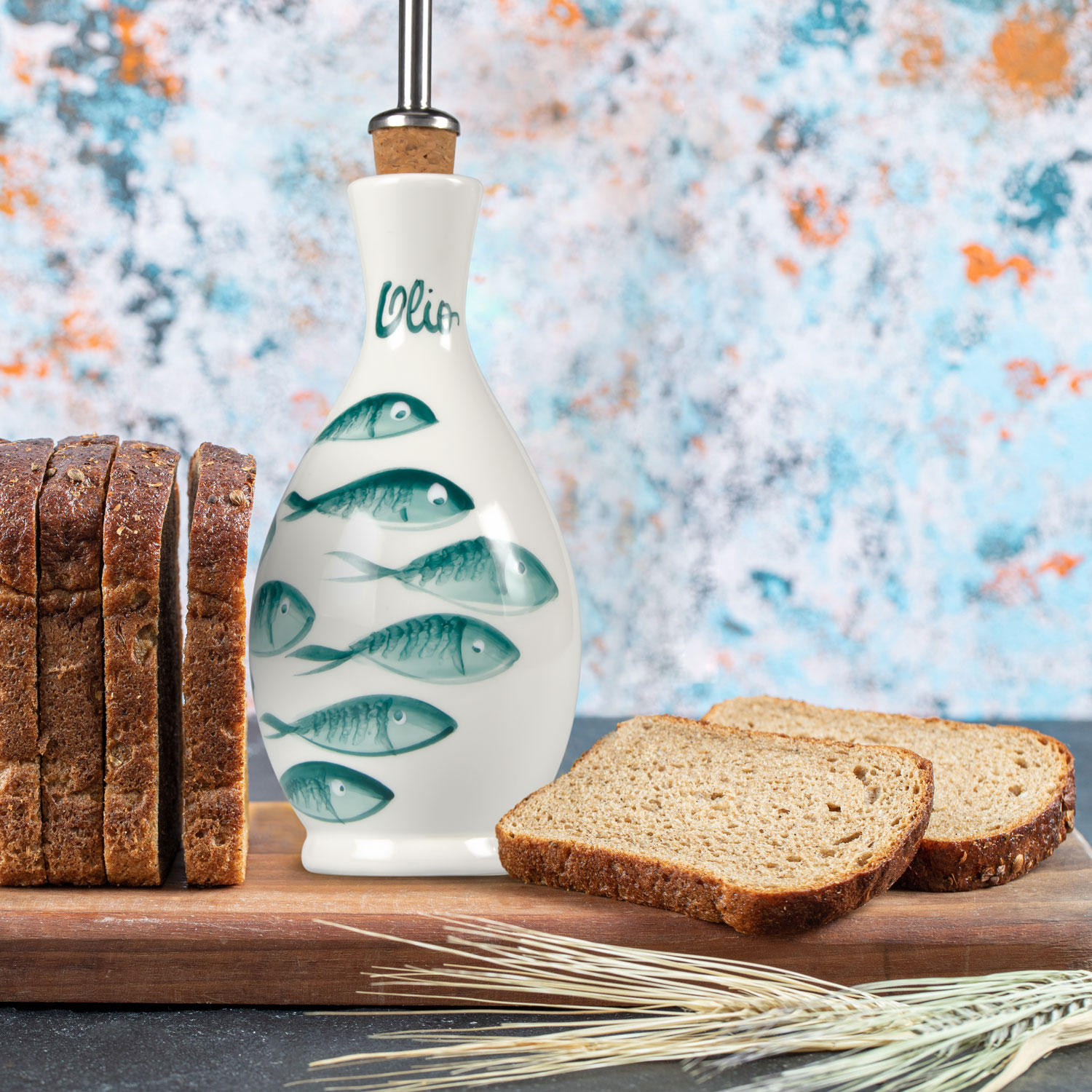 Bottiglia olio in ceramica decorata pesci 250 ml