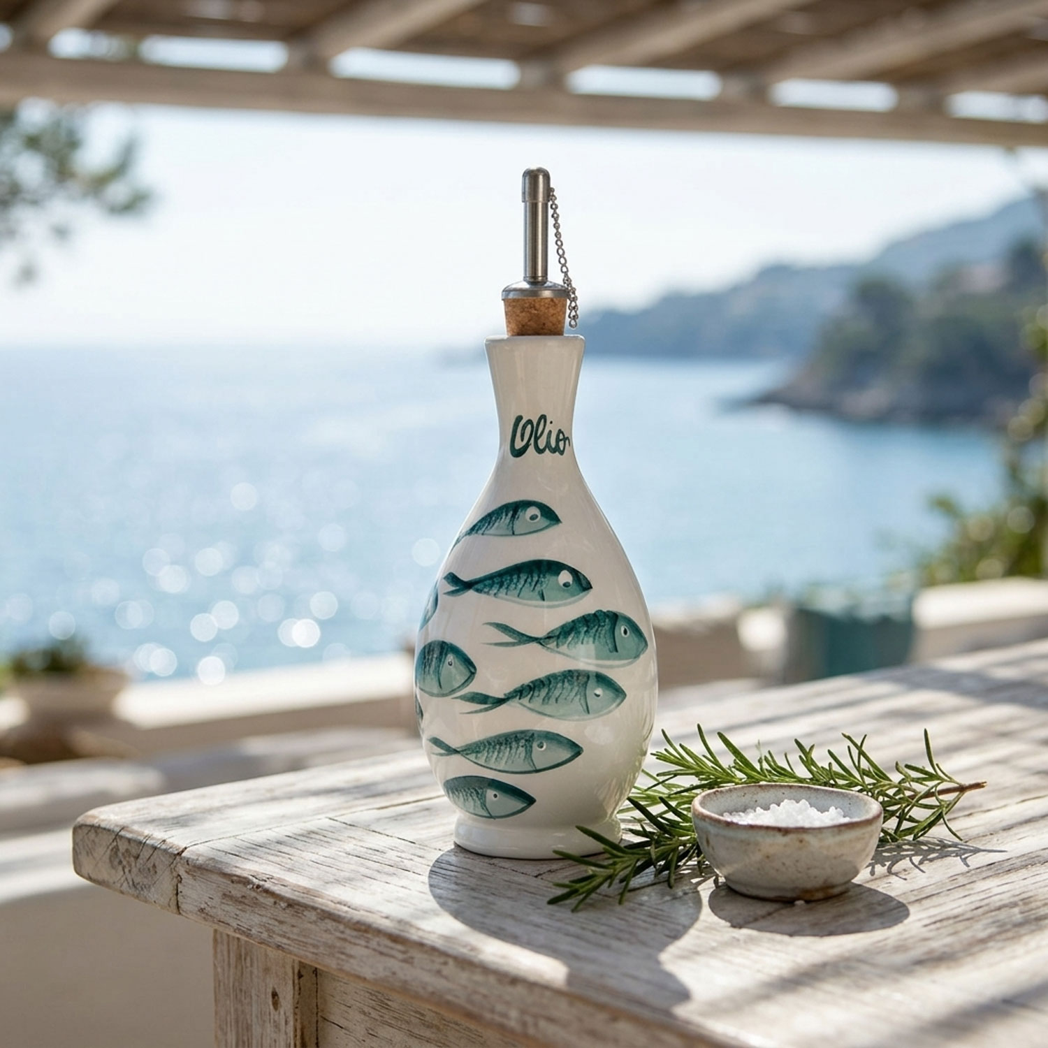 Bottiglia olio in ceramica decorata pesci 250 ml