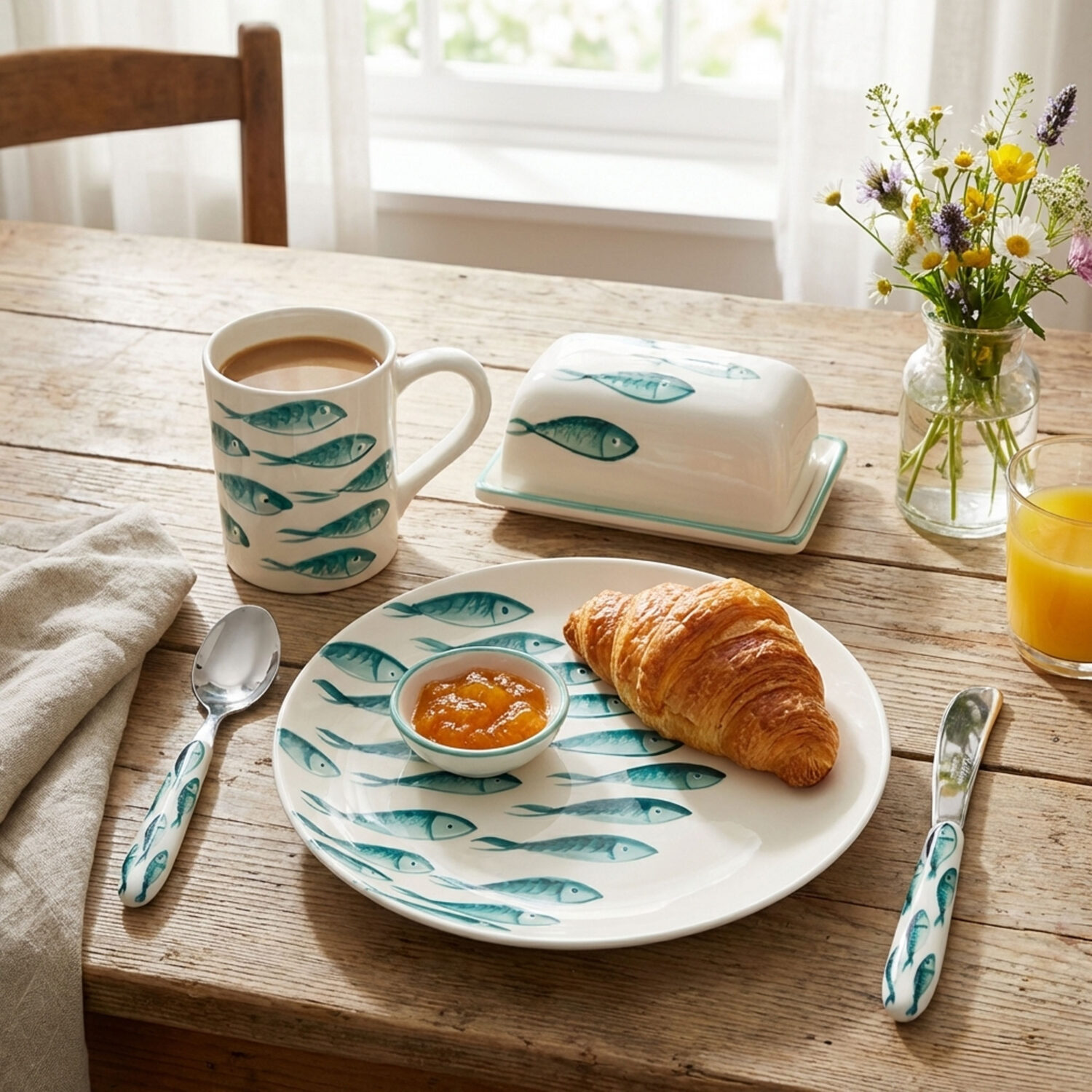 Set colazione in ceramica decorata pesci