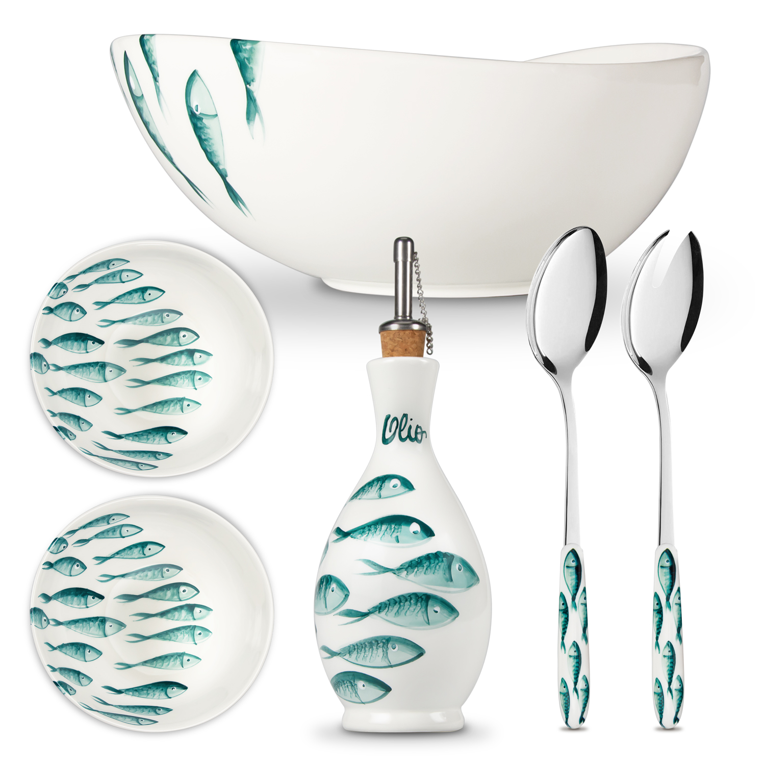 Set insalata in ceramica decorata pesci