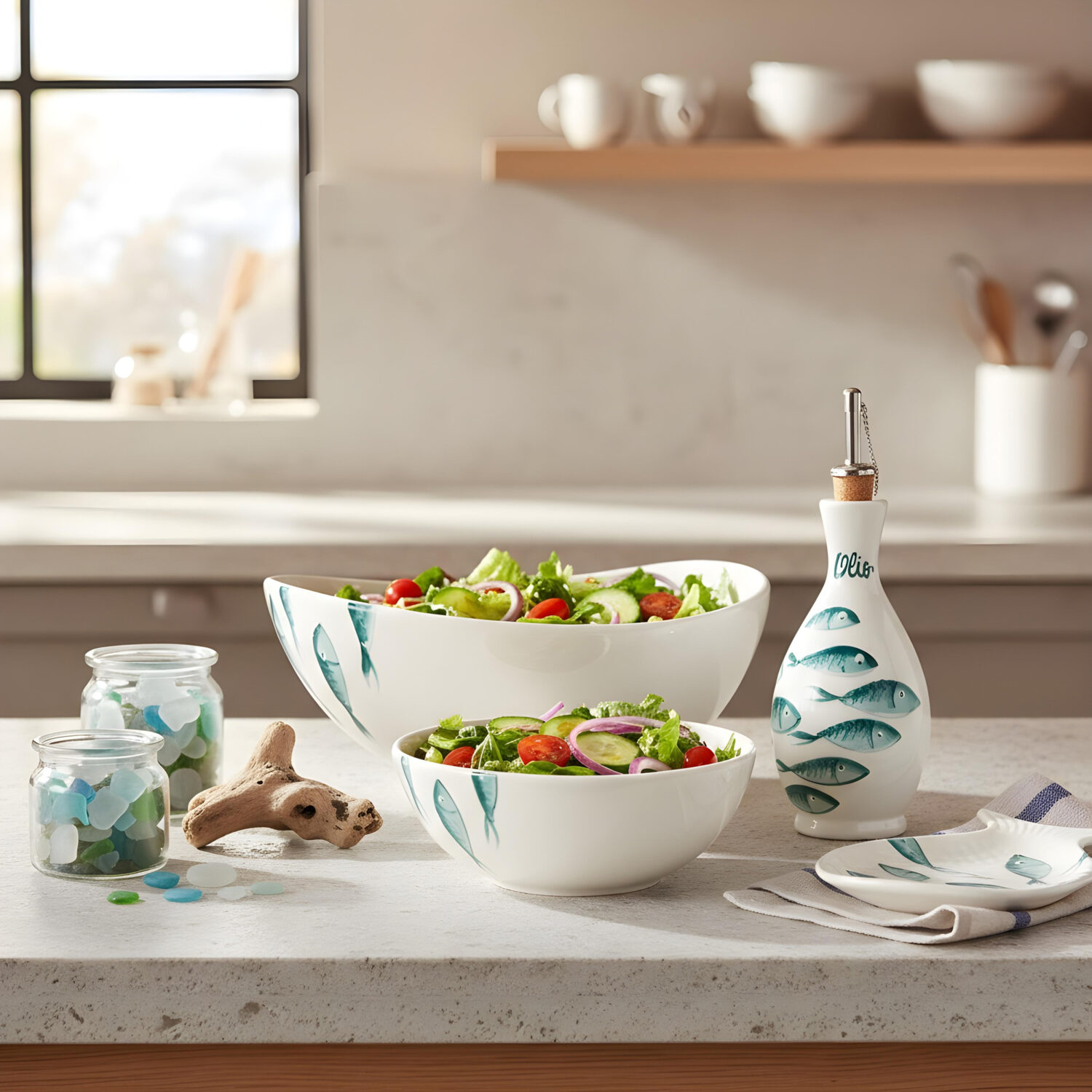 Set insalata in ceramica decorata pesci