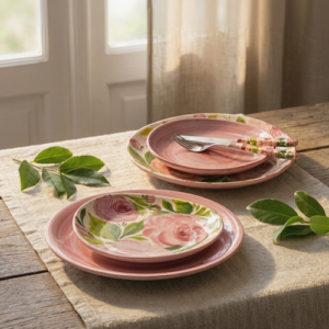 Set piatti in ceramica decorata rose rosa