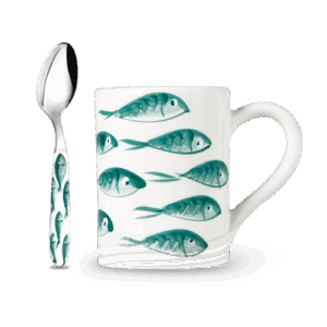 Tazza in ceramica decorata e cucchiaino pesci