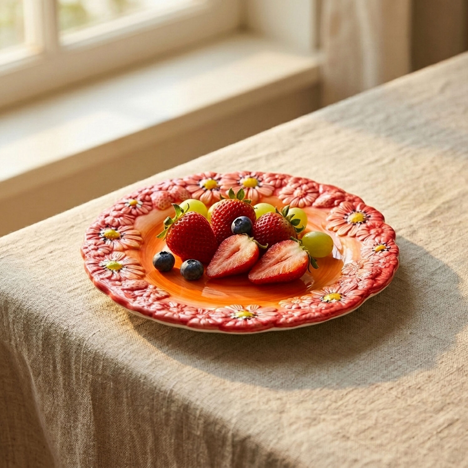 Piatto frutta in ceramica decorata margherite rosse