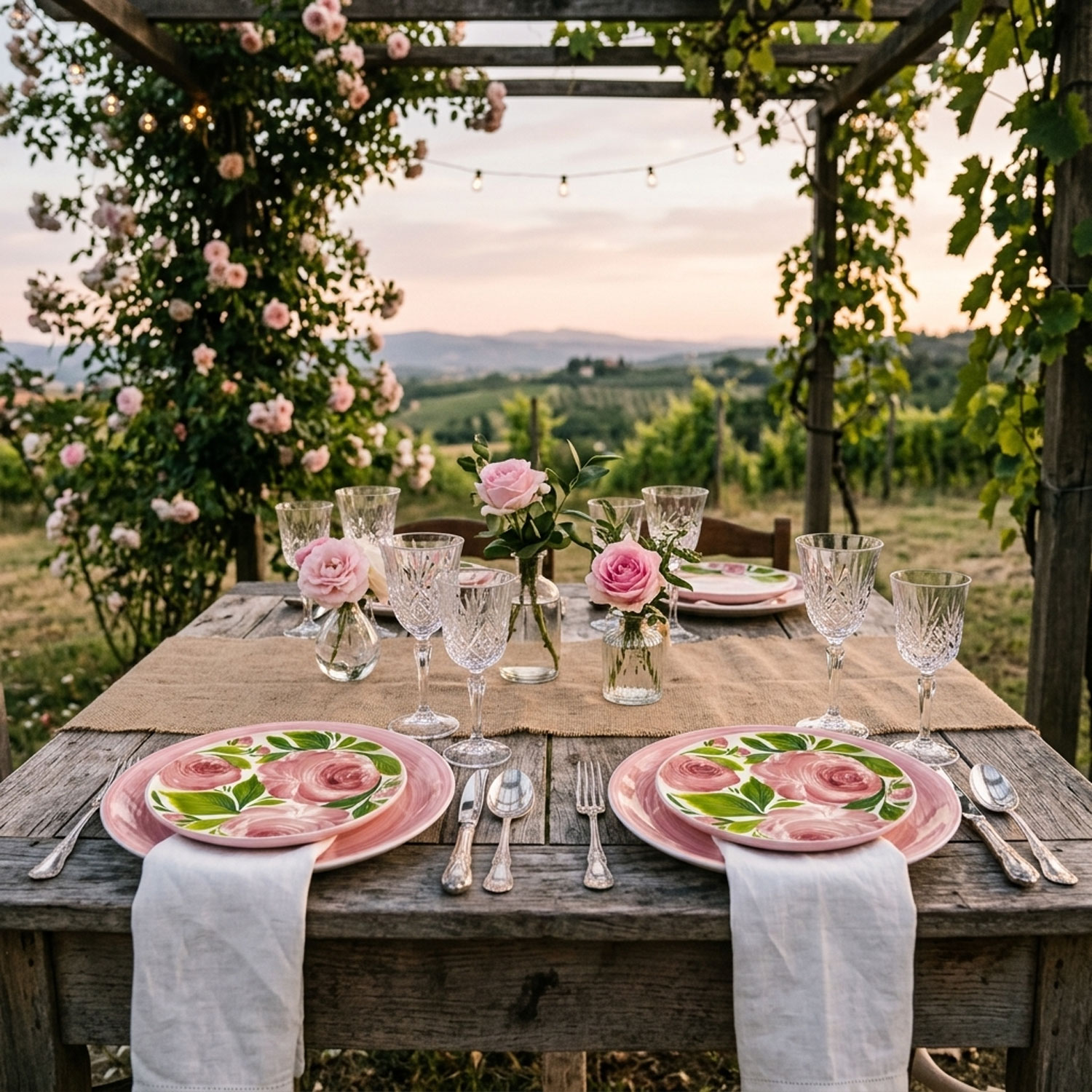 Set piatti in ceramica decorata rose rosa