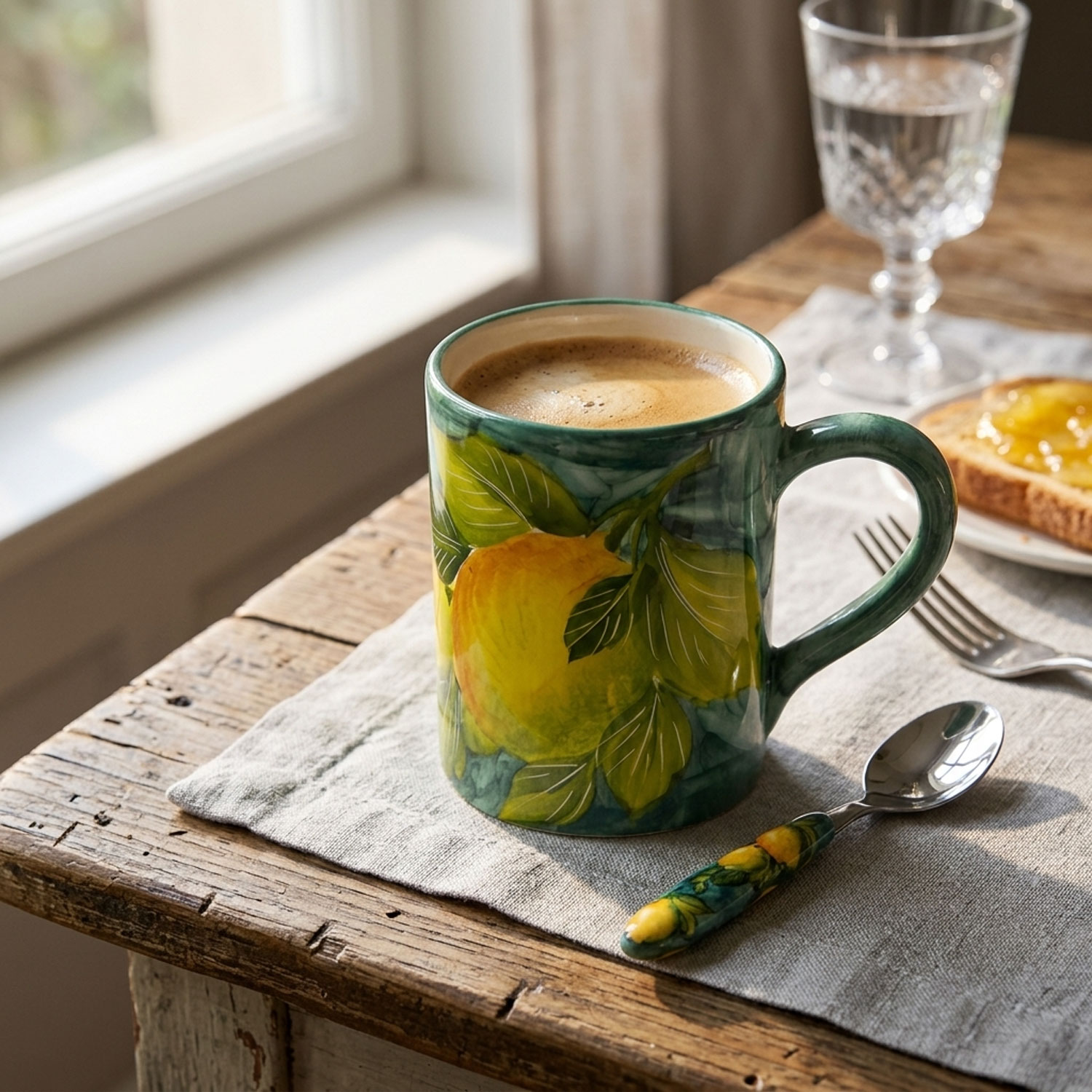 Tazza in ceramica decorata e cucchiaino limoni