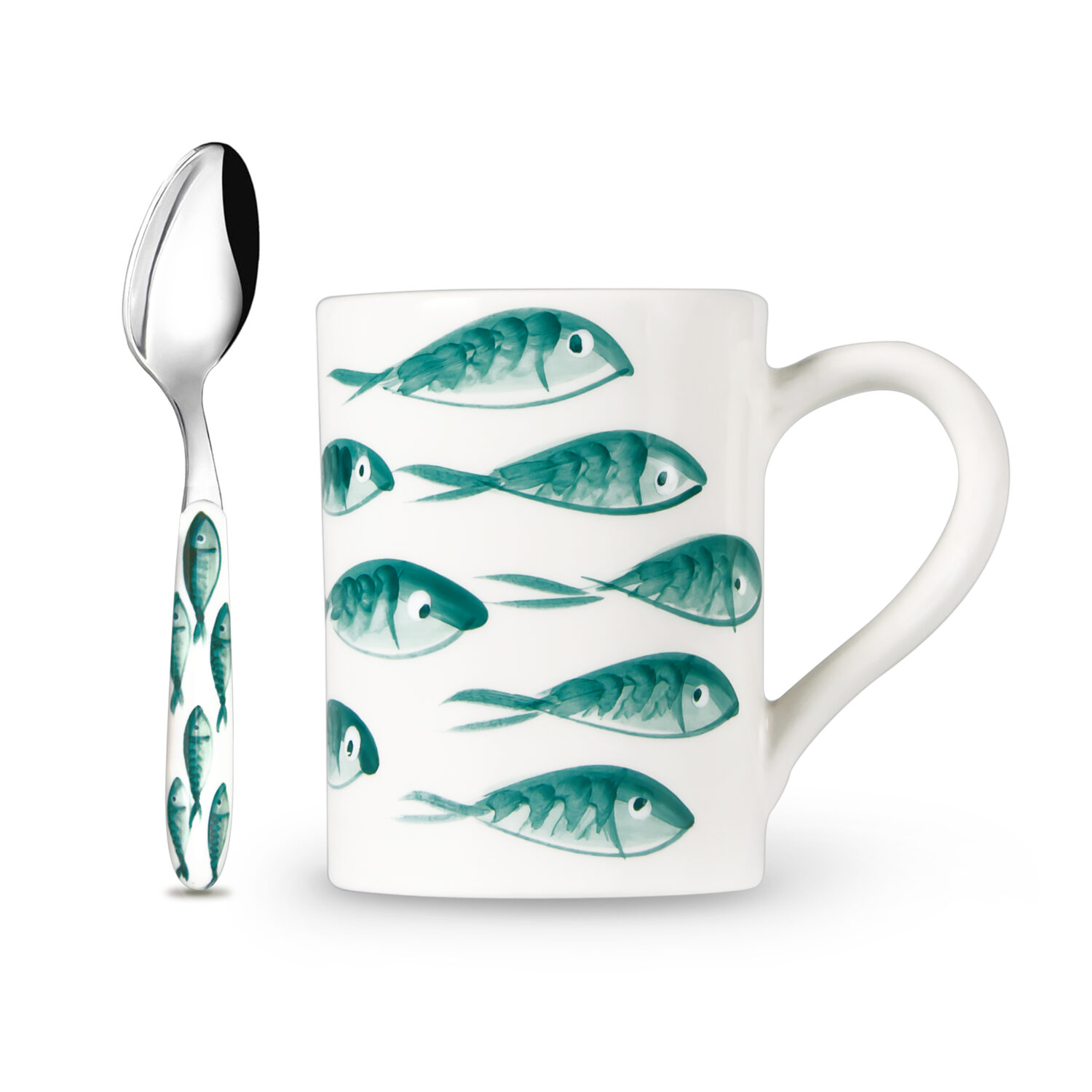 Tazza in ceramica decorata e cucchiaino pesci