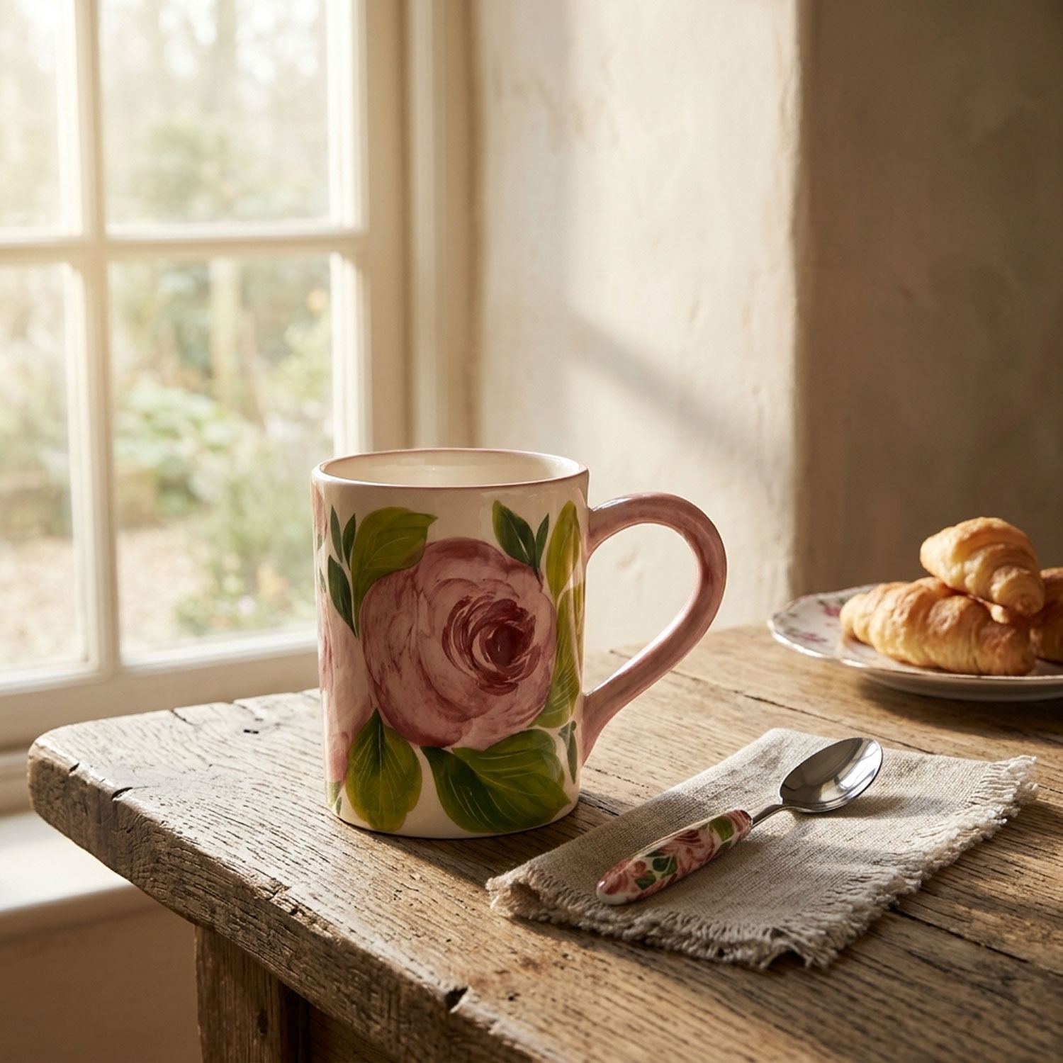 Tazza in ceramica decorata e cucchiaino rose