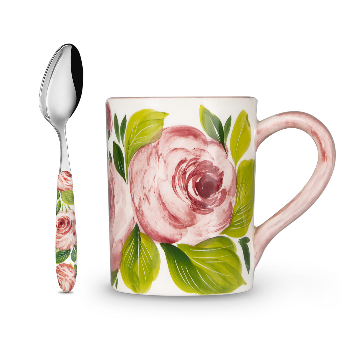 Tazza in ceramica decorata e cucchiaino rose