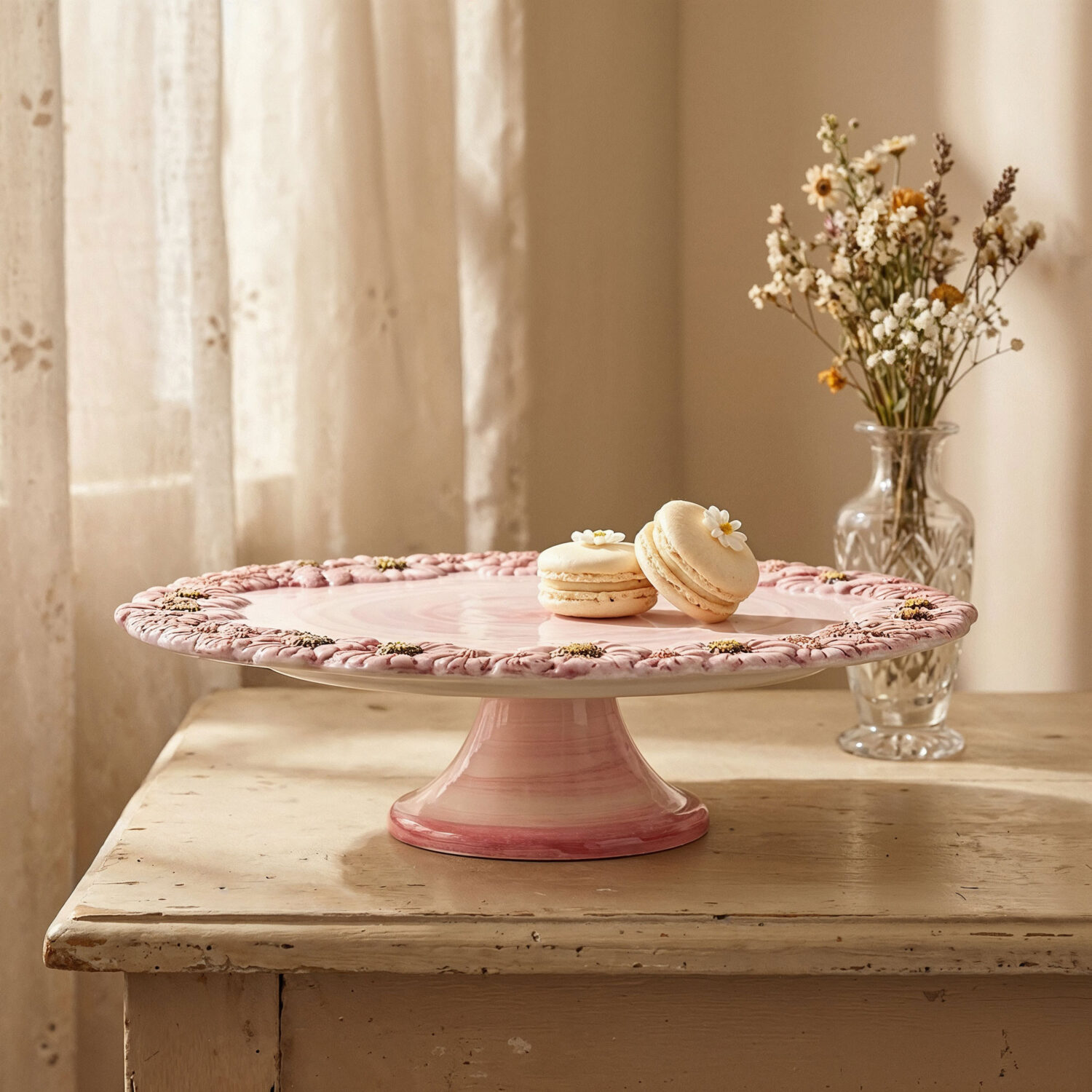 Big cake stand with pink daisies