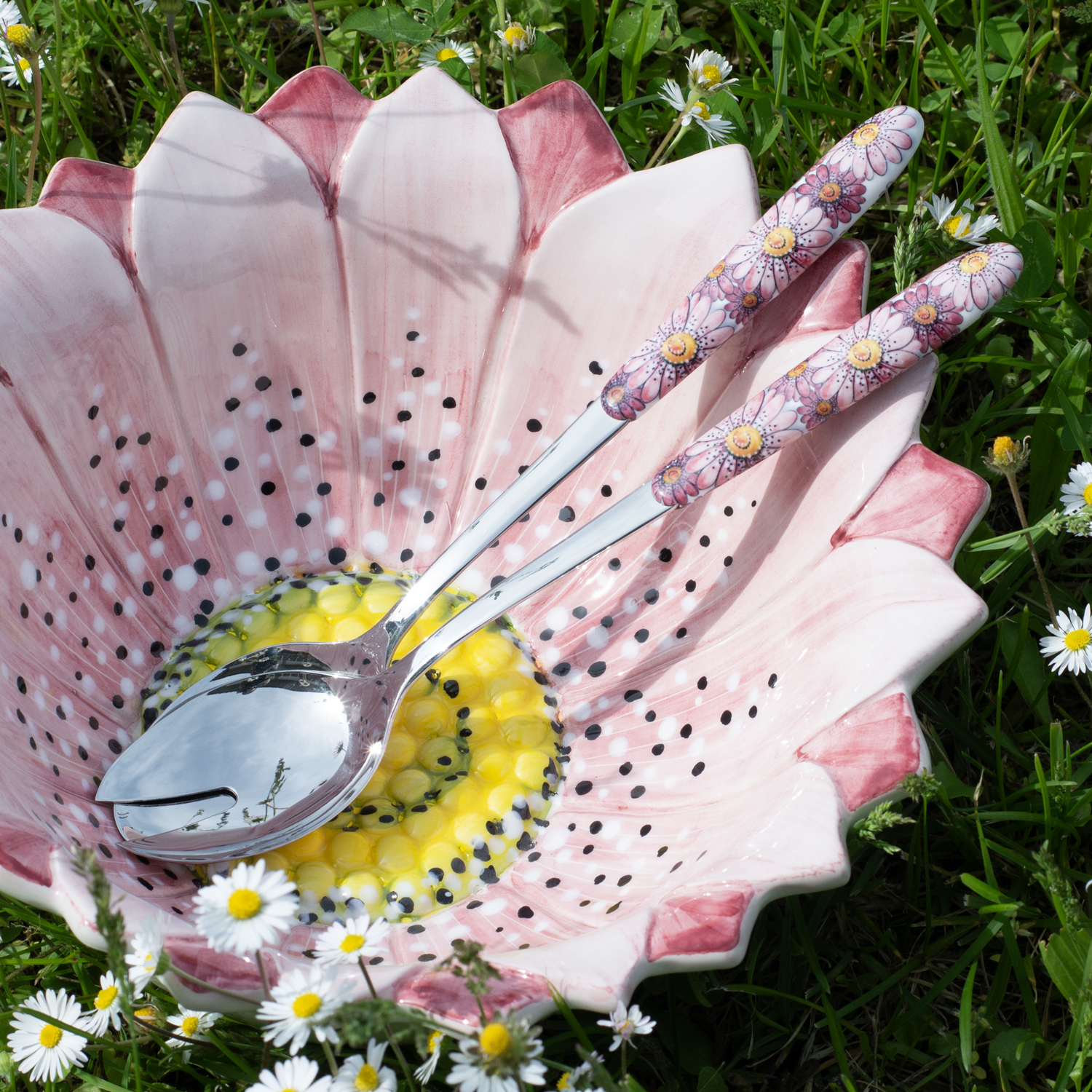 Posate insalata manico decorato margherite rosa