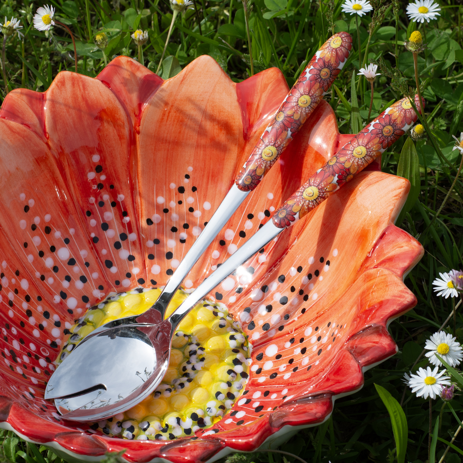 Posate insalata manico decorato margherite rosse