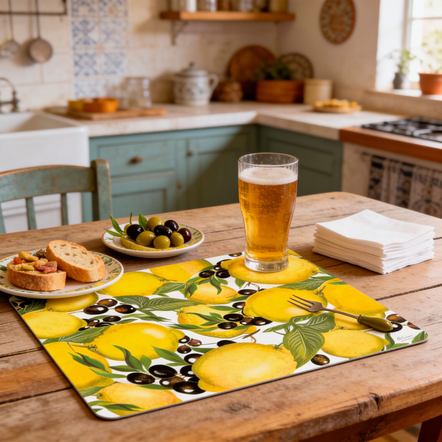 Decorated placemat lemons and olives
