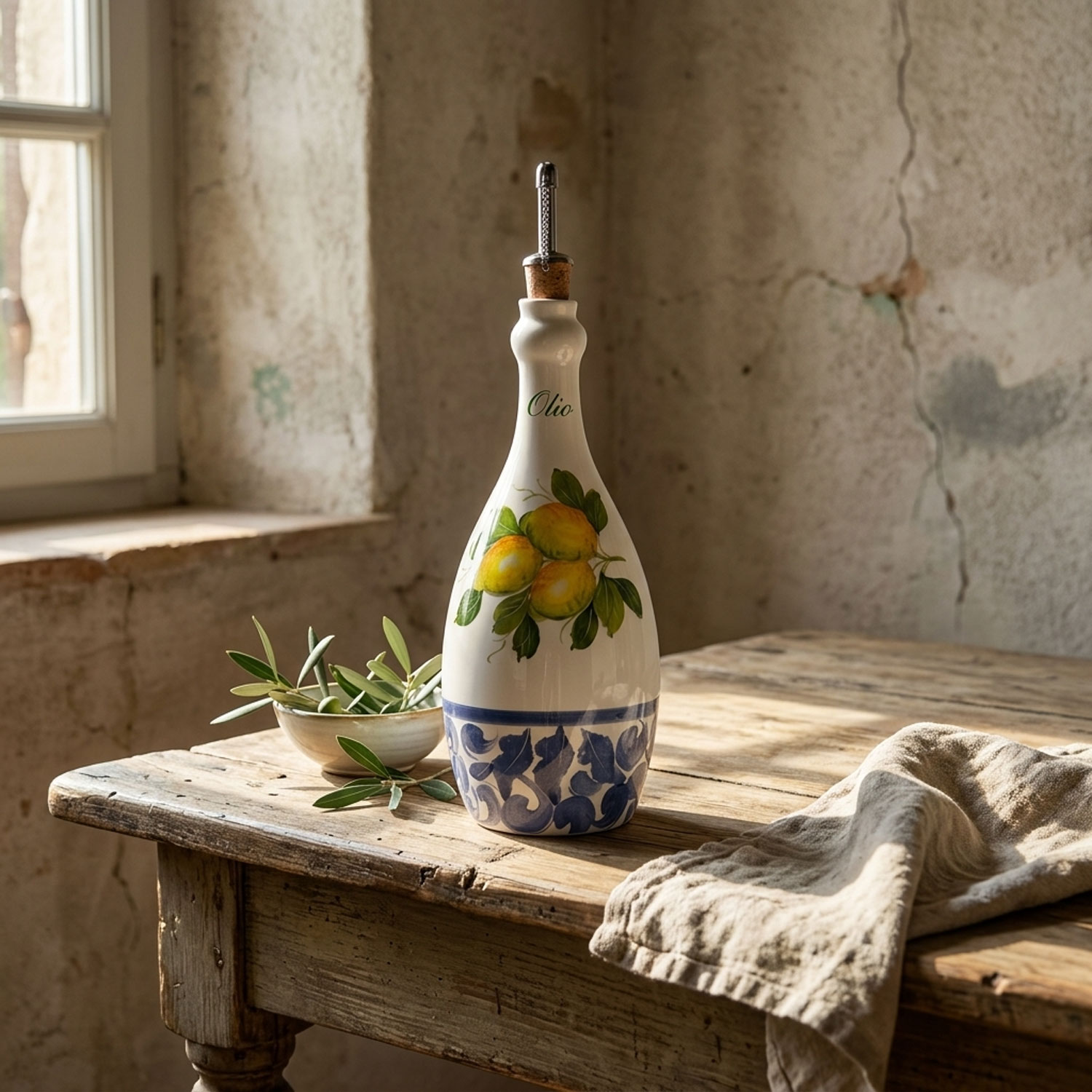 Bottiglia olio in ceramica decorata limoni damascato 750 ml