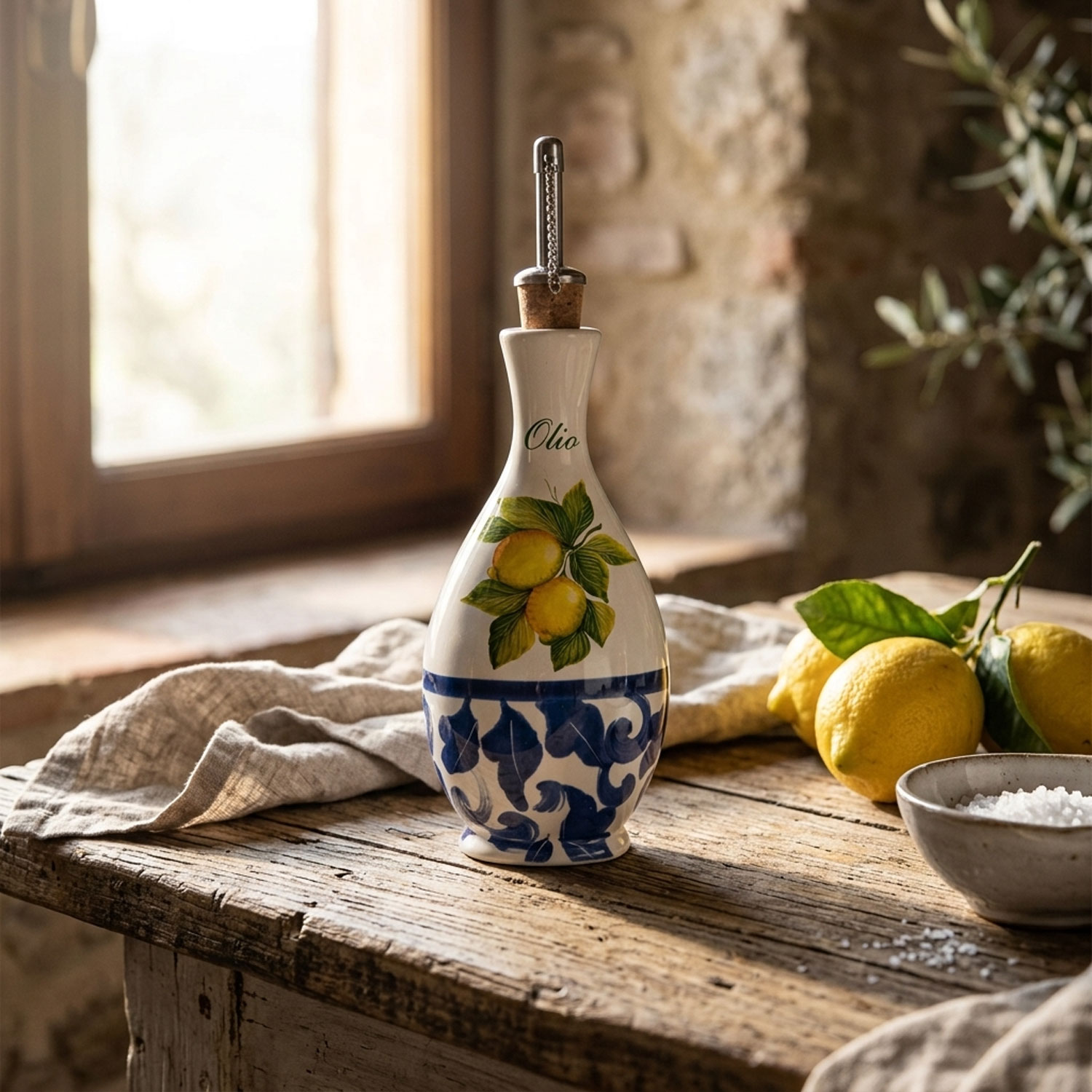 Bottiglia olio in ceramica decorata limoni damascato 250 ml