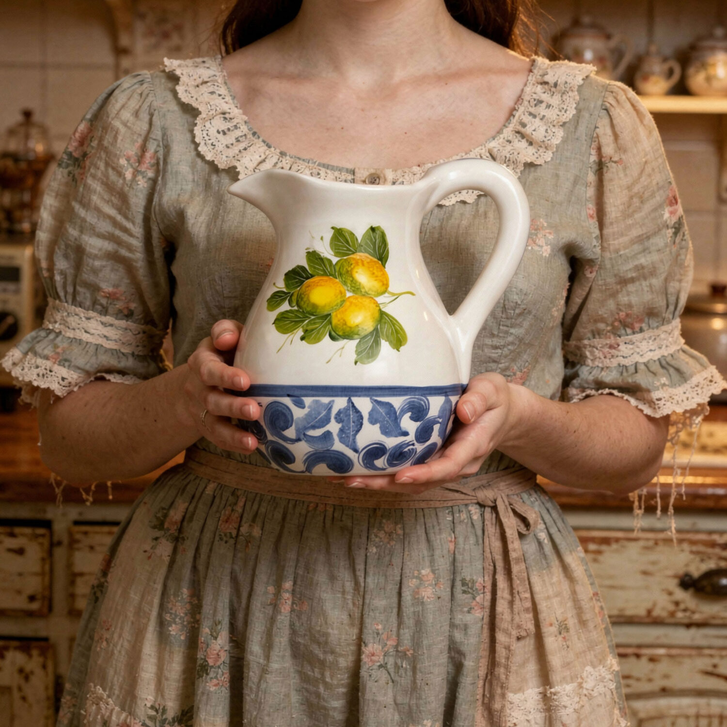 Keramische Kanne dekoriert Zitronen Damast