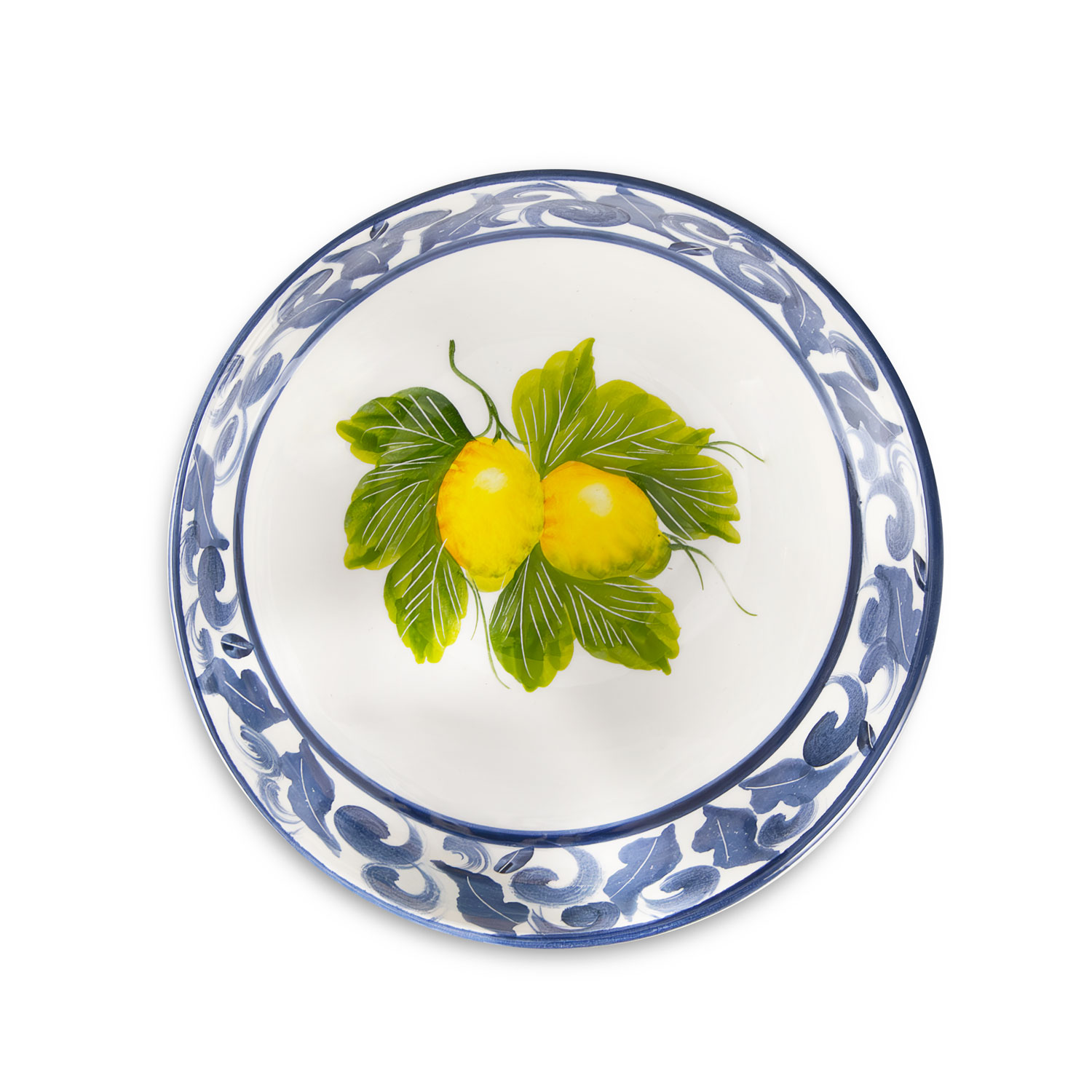Ciotola in ceramica decorata limoni damascato blu da 19