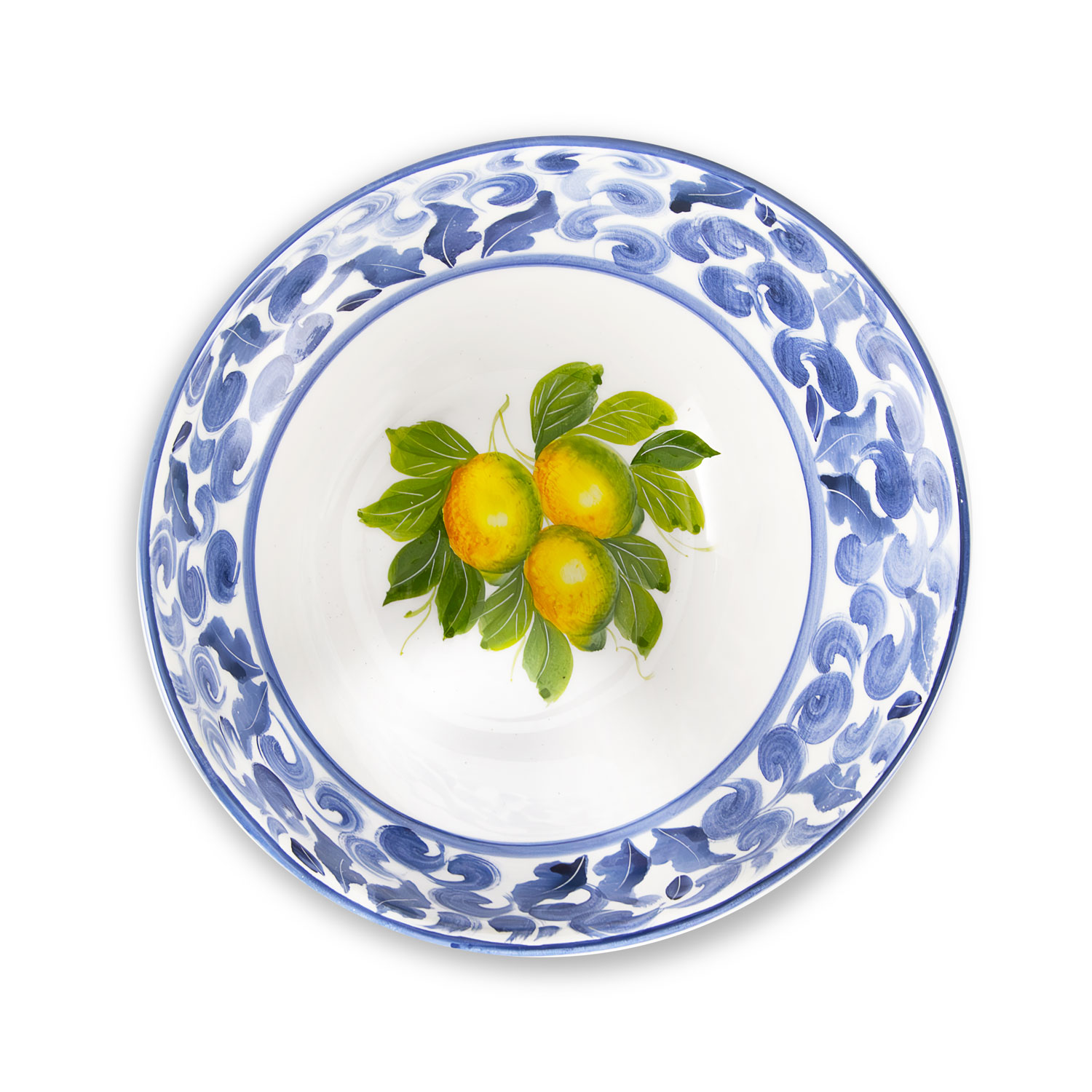 Ciotola in ceramica decorata limoni e damascato blu da 23