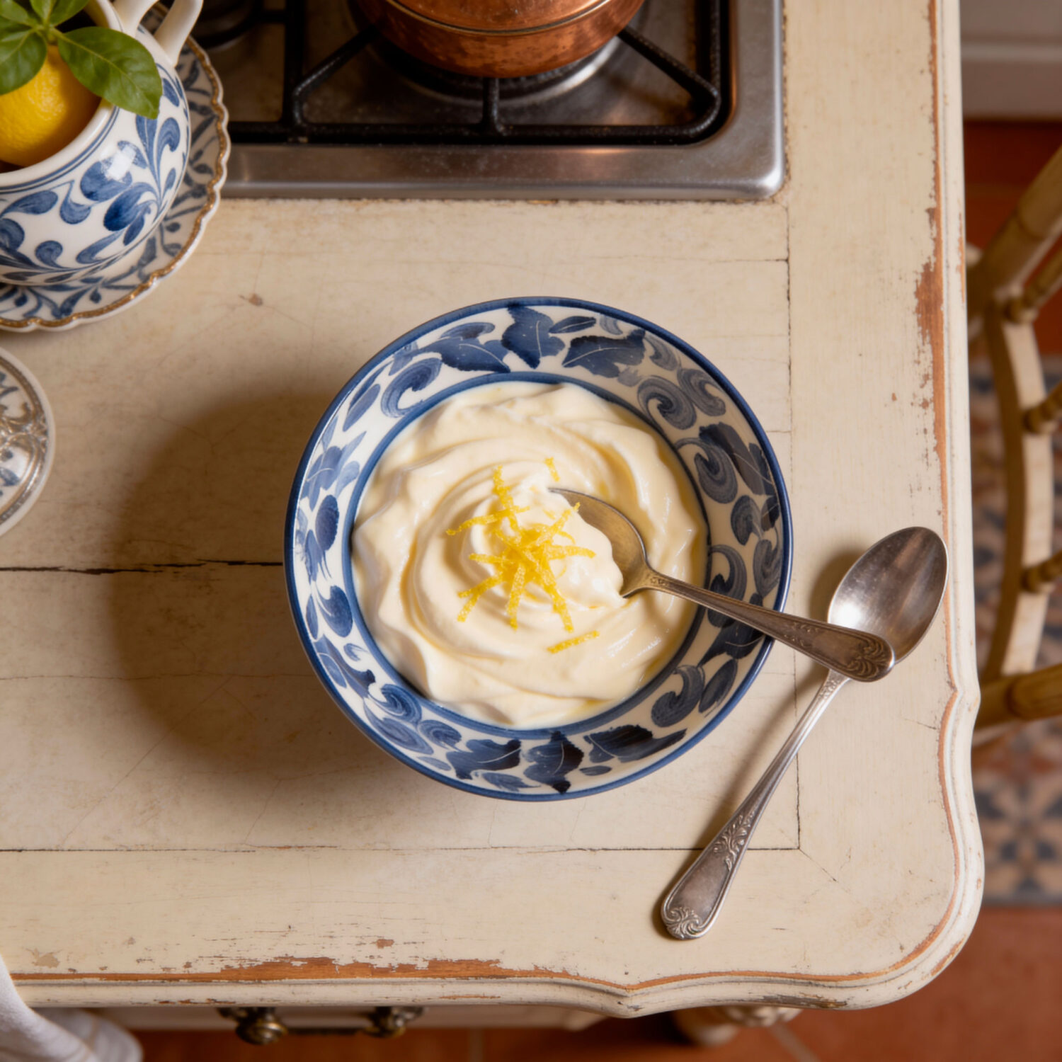 Ciotola in ceramica decorata limoni e damascato blu da 14